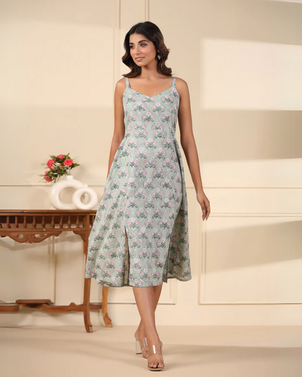 Sea Green Handblock Printed Cotton Dress