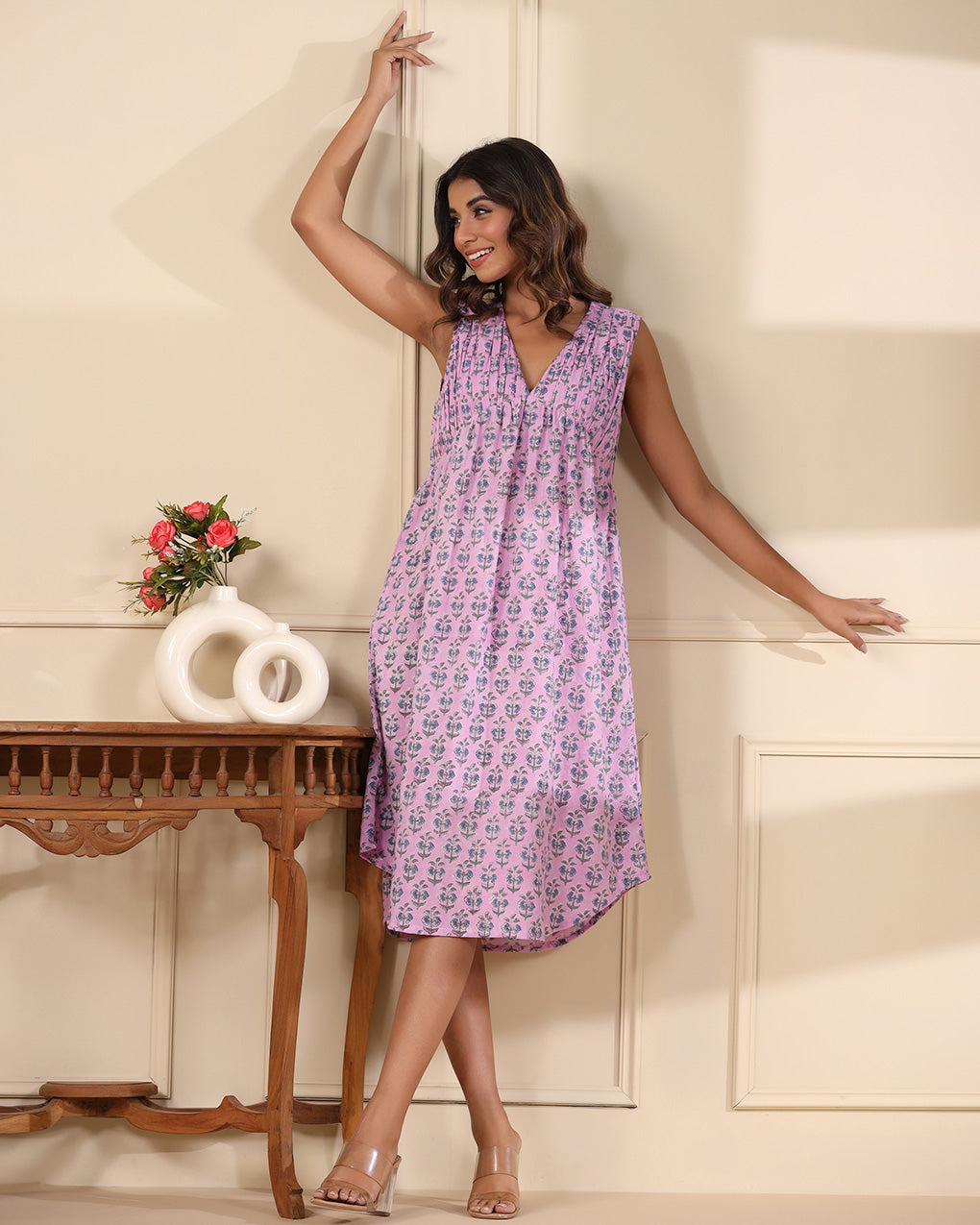 Lavender Handblock Printed Cotton Dress