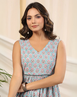 Aqua Blue Handblock Printed Cotton Dress