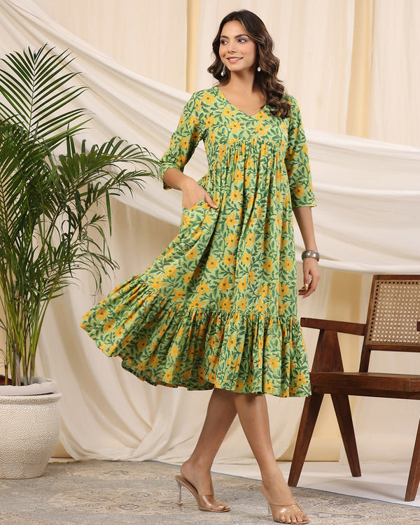Green Handblock Printed Cotton Dress