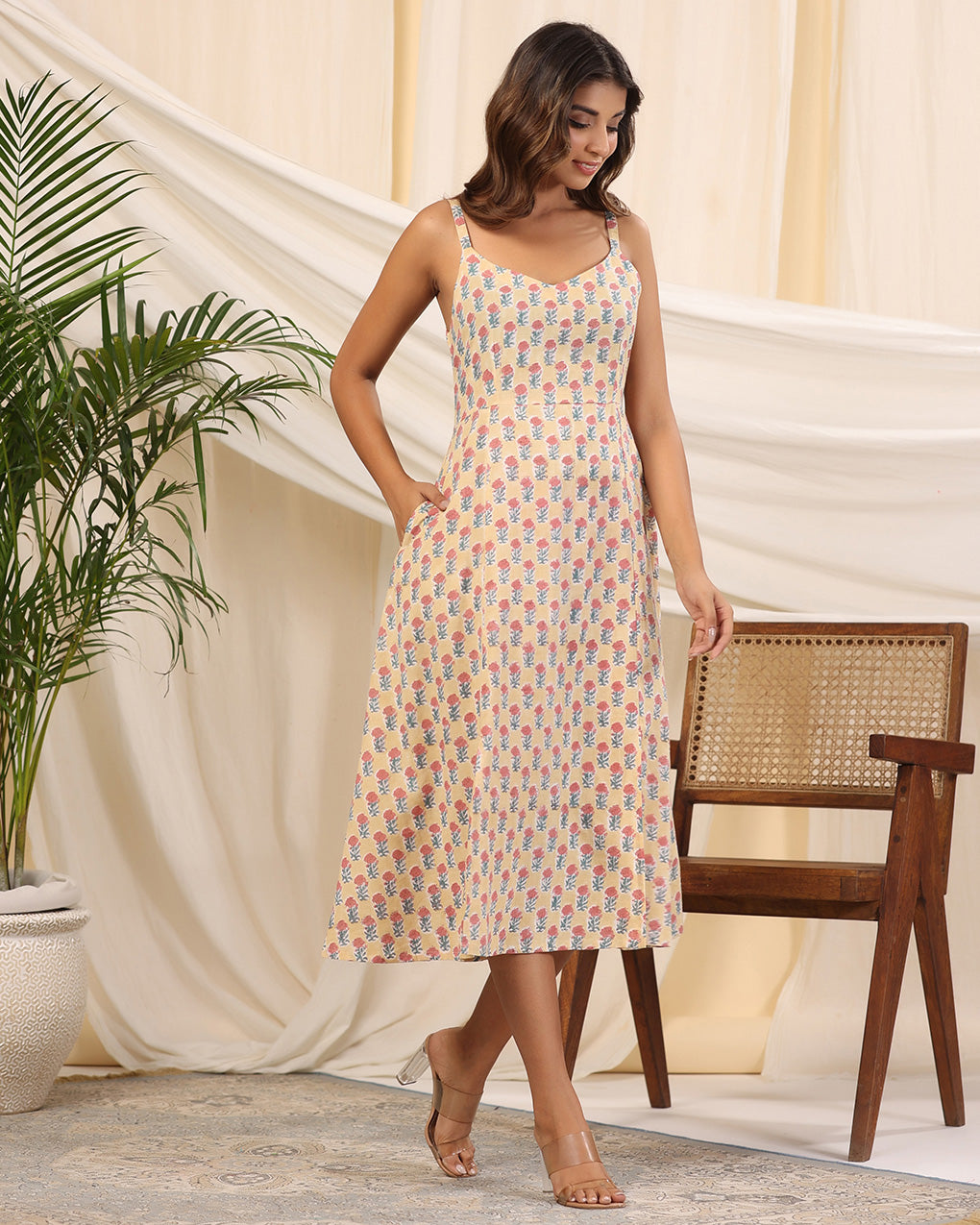 Yellow Handblock Printed Cotton Dress
