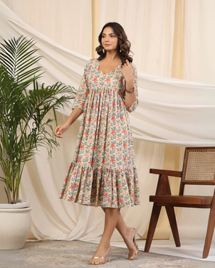 Yellow Handblock Printed Cotton Baisa Dress