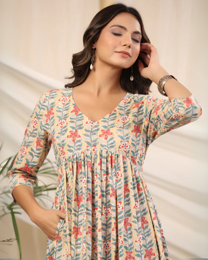 Yellow Handblock Printed Cotton Baisa Dress