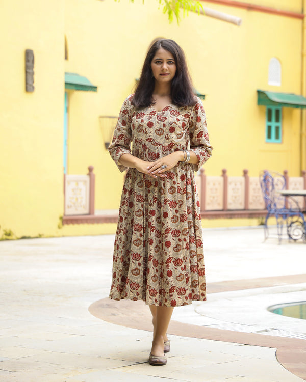 Ivory Bagru Print Cotton Angrakha Dress