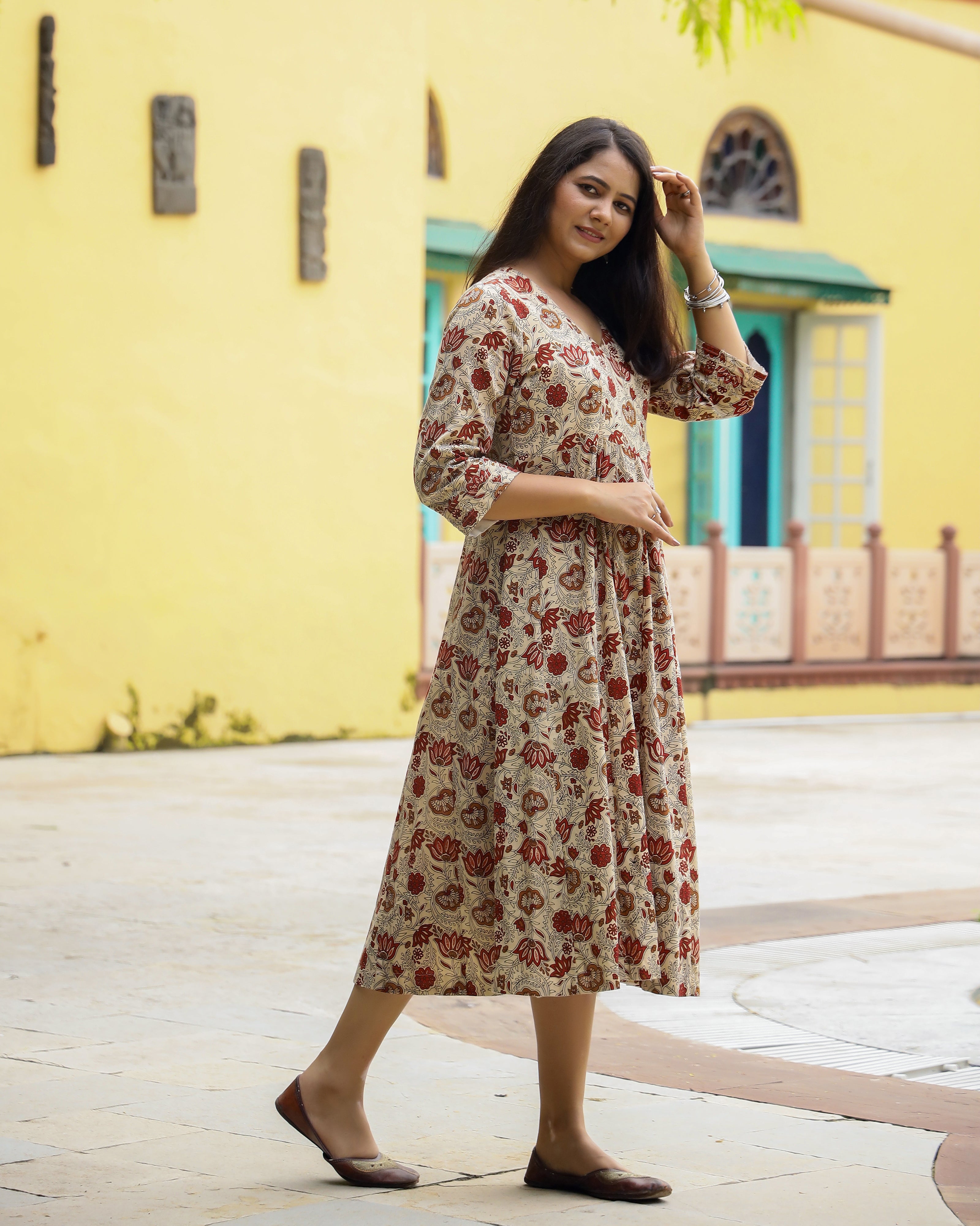 Ivory Bagru Print Cotton Angrakha Dress