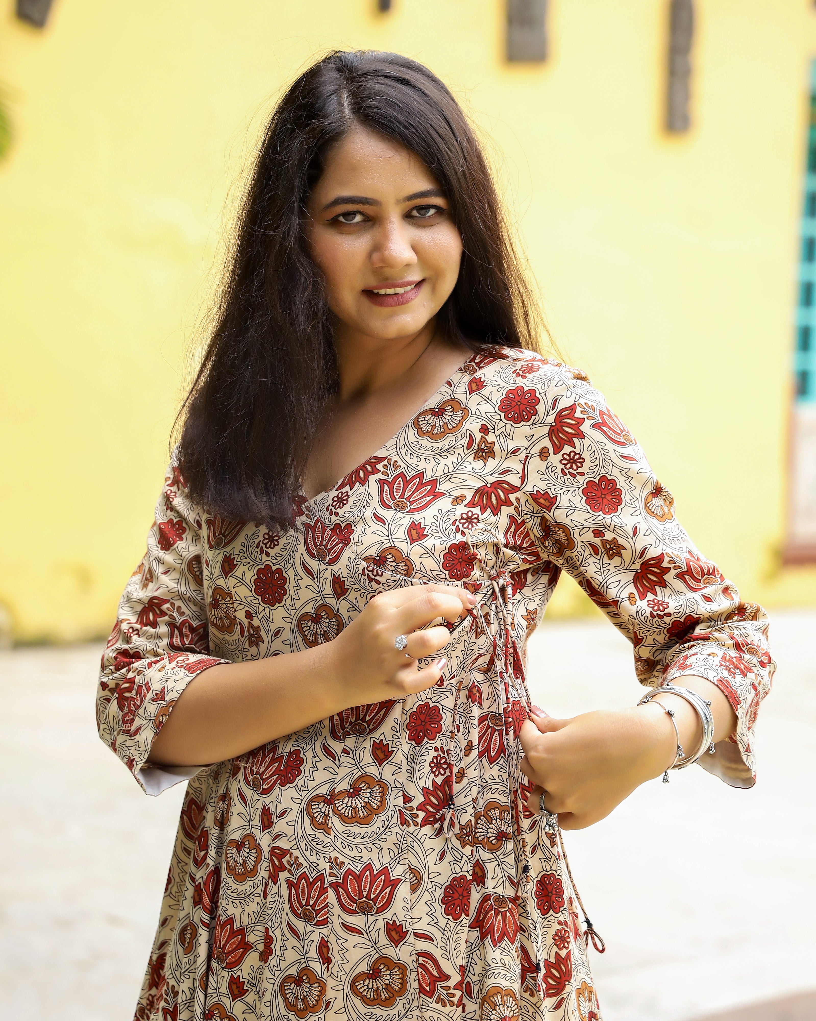 Ivory Bagru Print Cotton Angrakha Dress