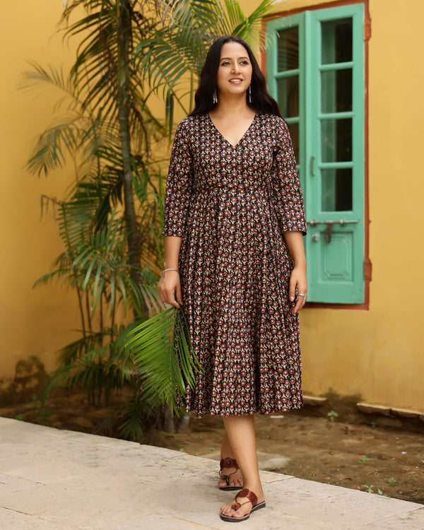 Black Bagru Butti Print Cotton Angrakha Dress