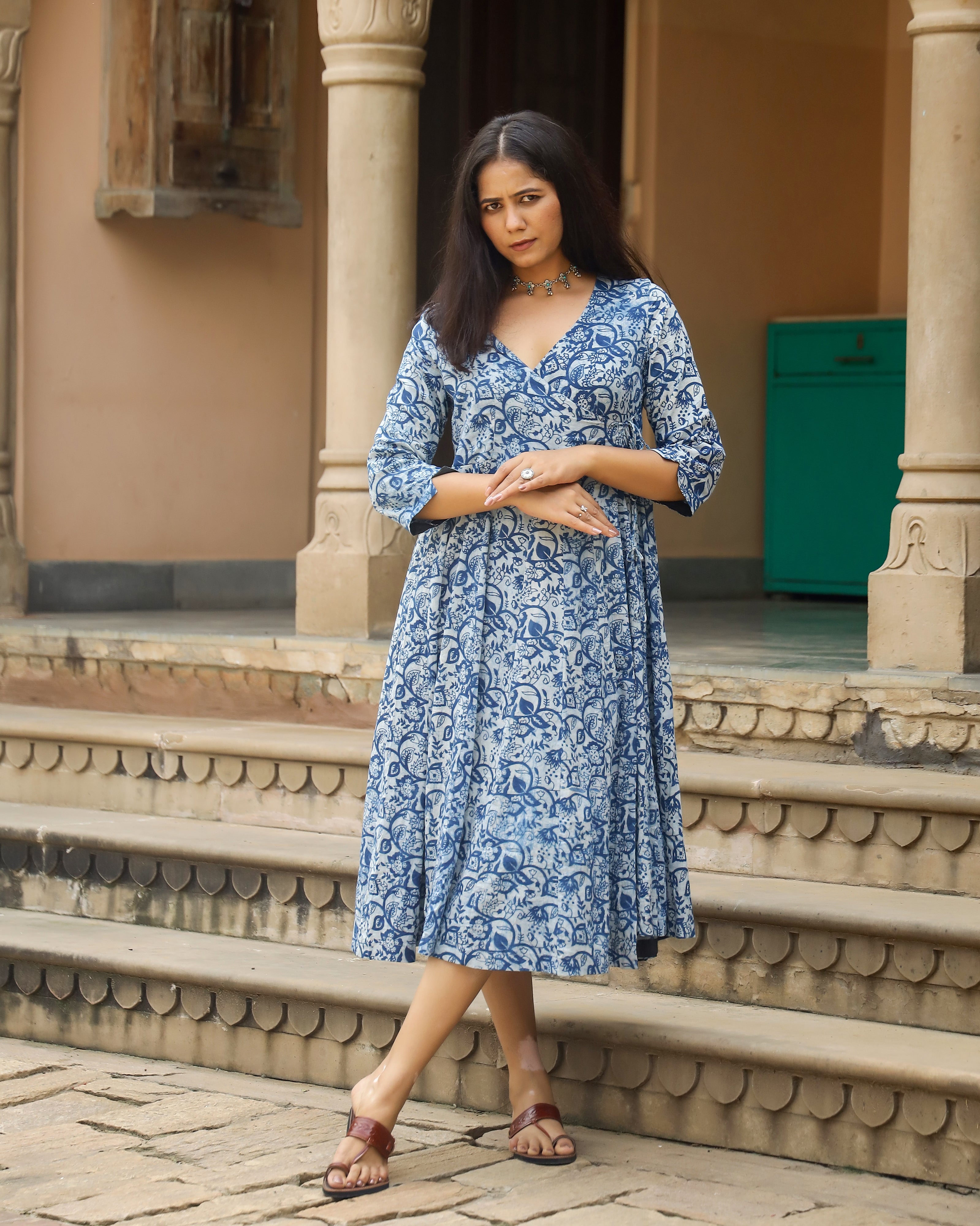 Indigo Dabu Print Cotton Angrakha Dress