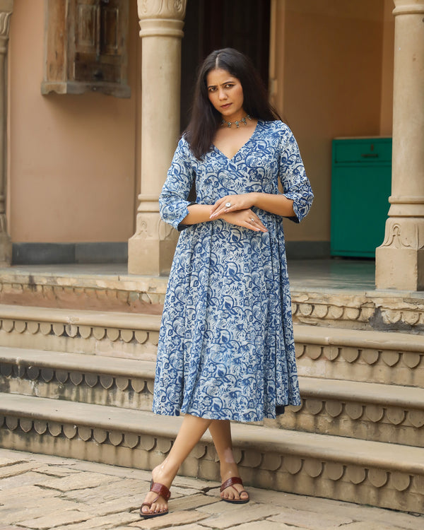 Indigo Dabu Print Cotton Angrakha Dress