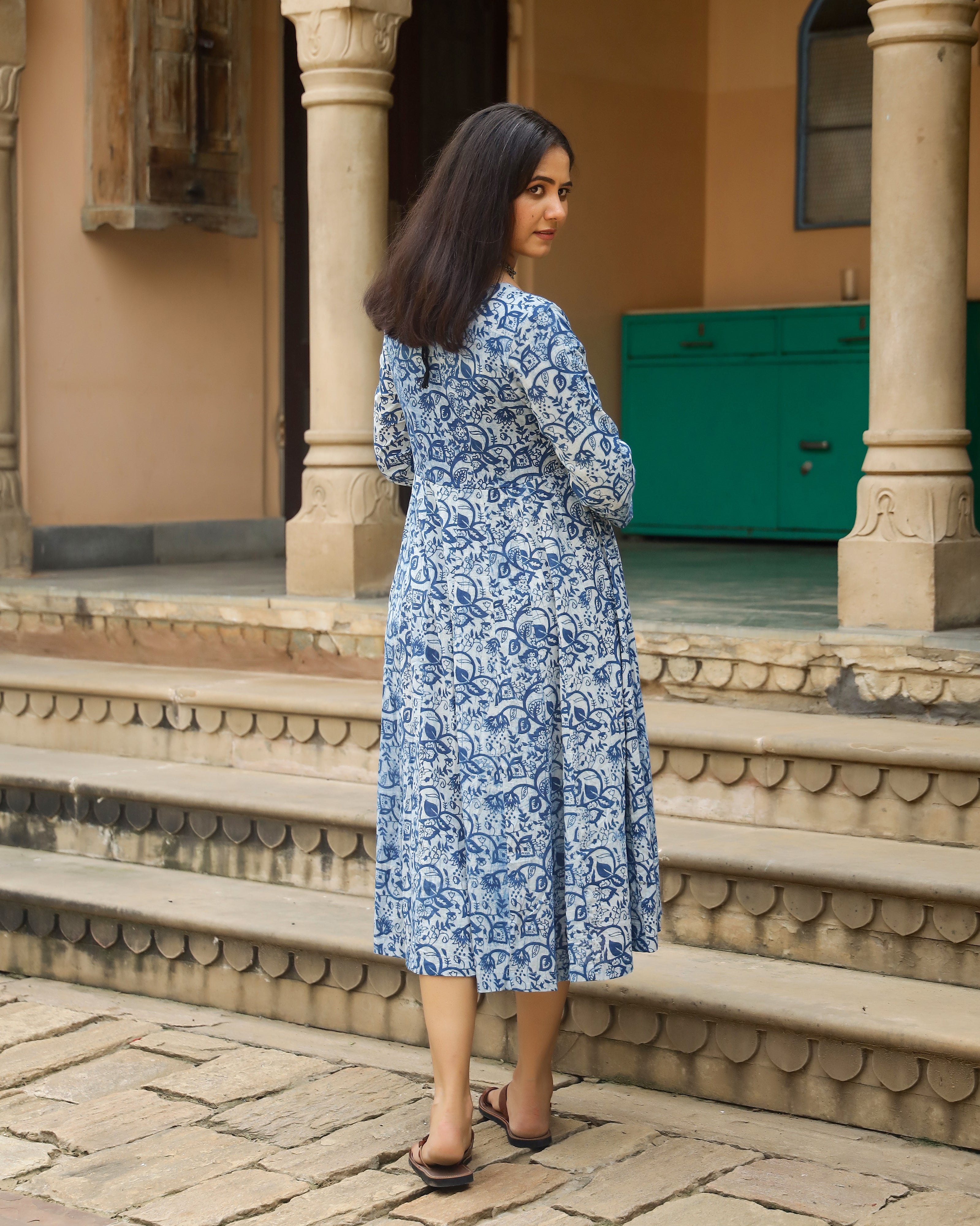 Indigo Dabu Print Cotton Angrakha Dress