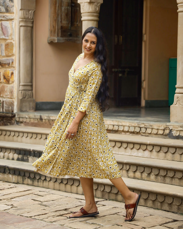 Mustard Bagru Jaal Print Angrakha Cotton Dress
