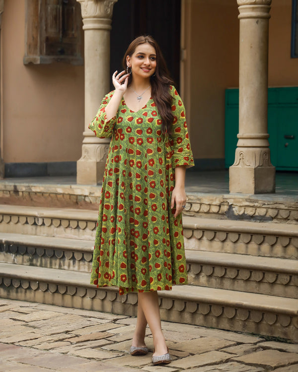 Green Bagru Printed Cotton Angrakha Dress