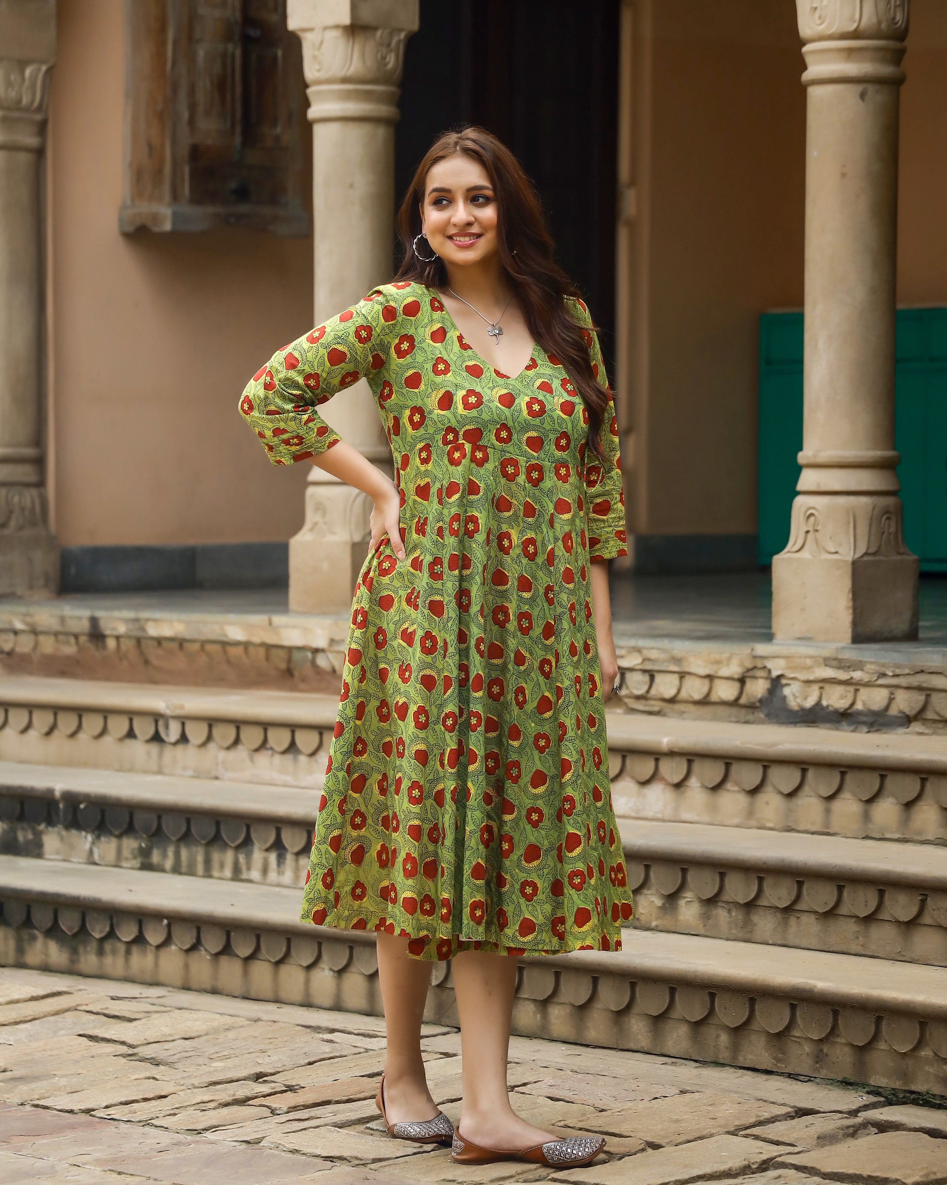Green Bagru Printed Cotton Angrakha Dress