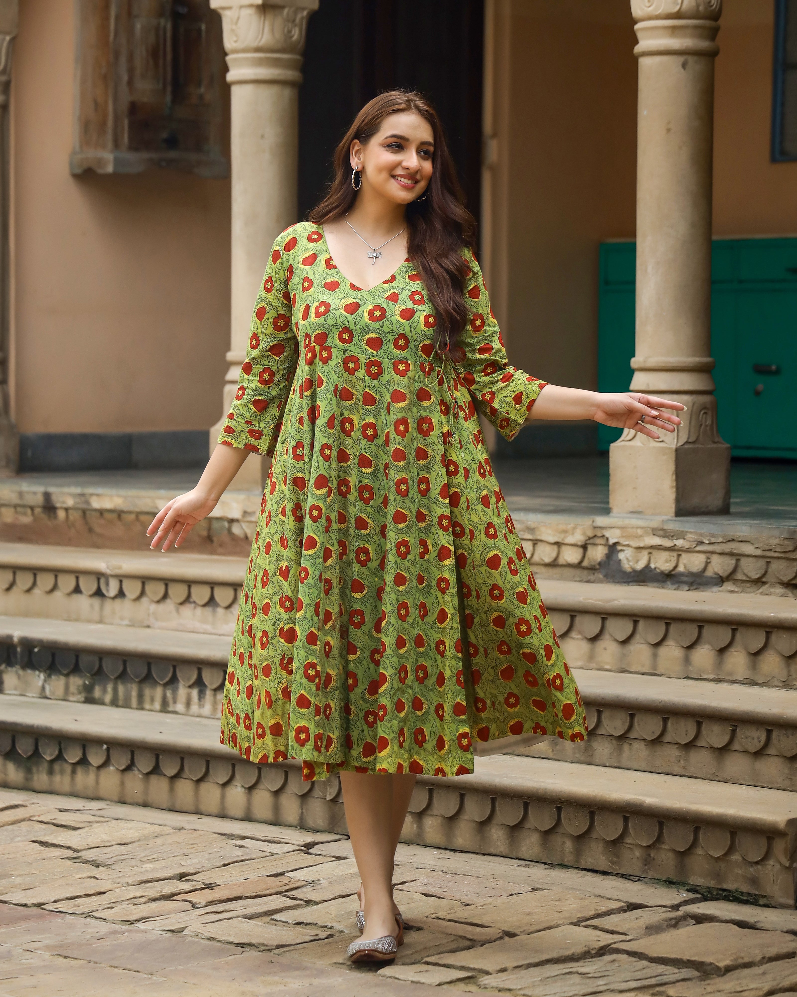 Green Bagru Printed Cotton Angrakha Dress