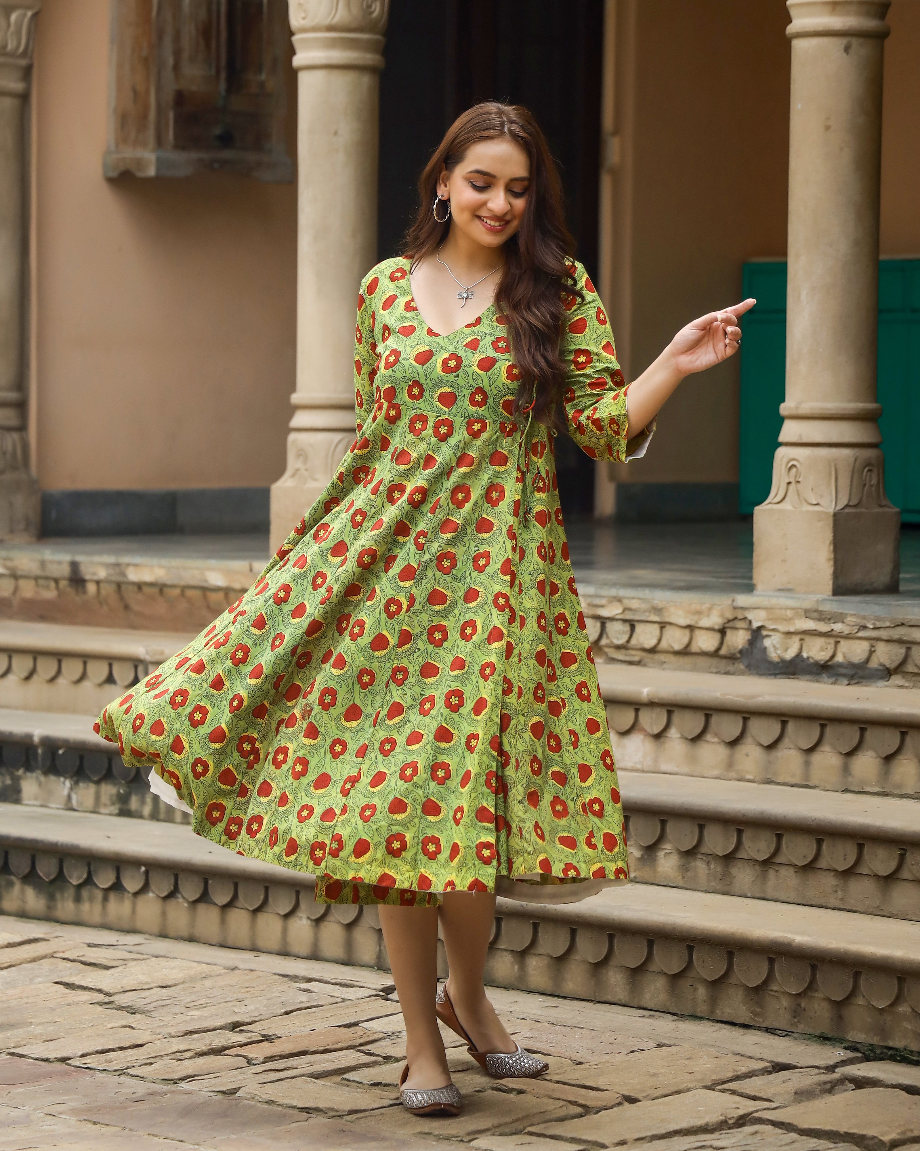 Green Bagru Printed Cotton Angrakha Dress