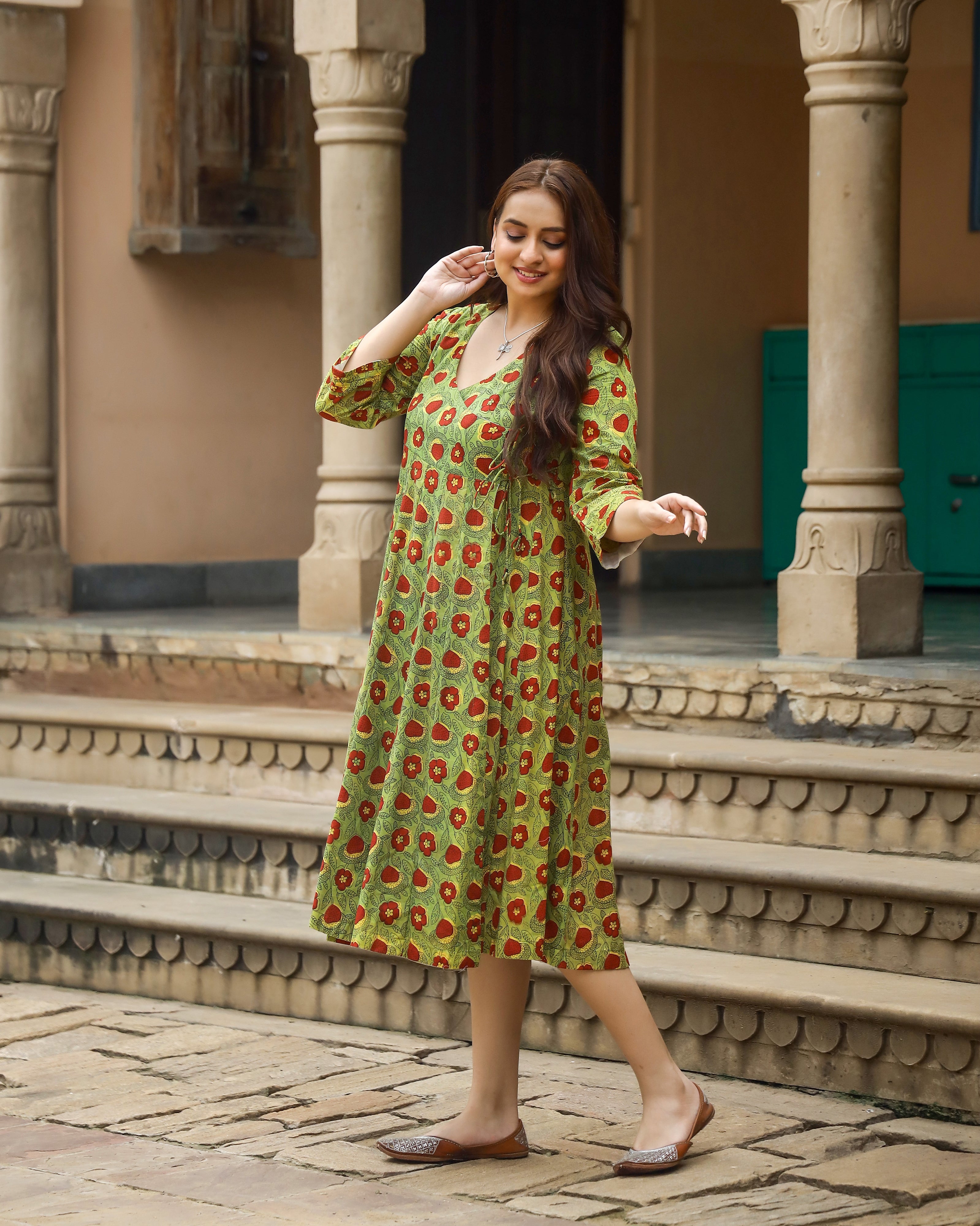 Green Bagru Printed Cotton Angrakha Dress