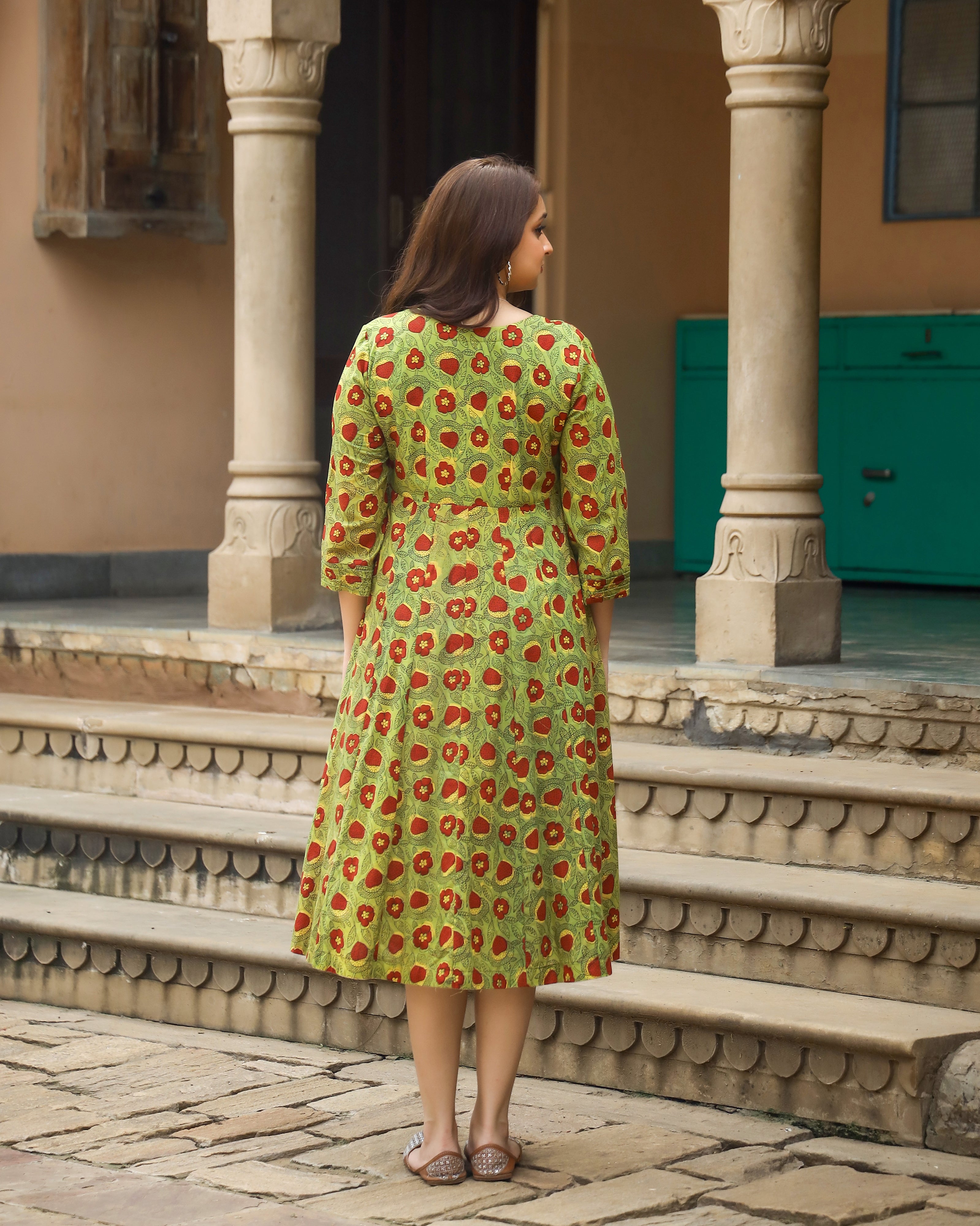 Green Bagru Printed Cotton Angrakha Dress