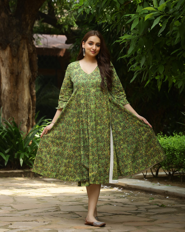 Green Dabu Printed Angrakha Cotton Dress