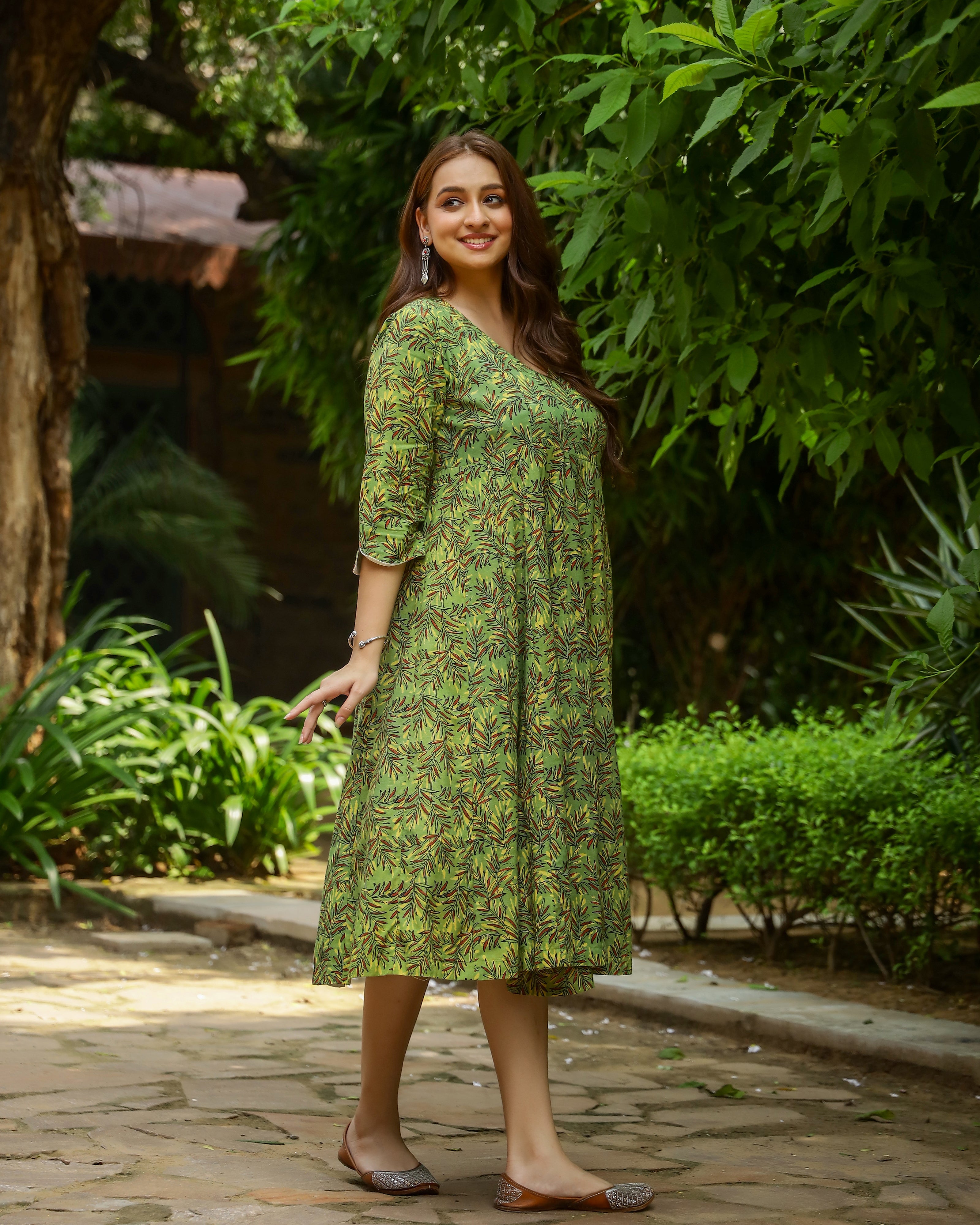 Green Dabu Printed Angrakha Cotton Dress