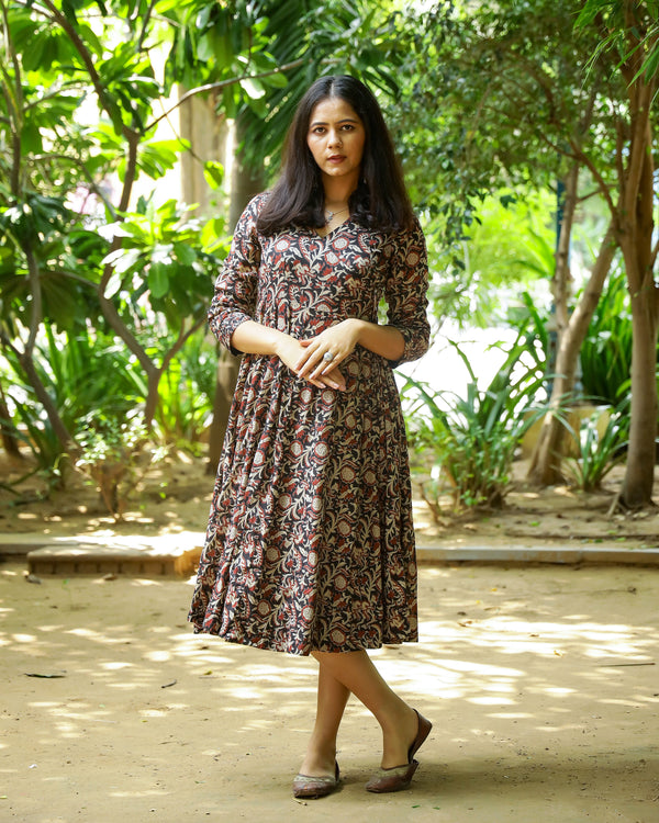 Black Bagru Jaal Printed Cotton Angrakha Dress