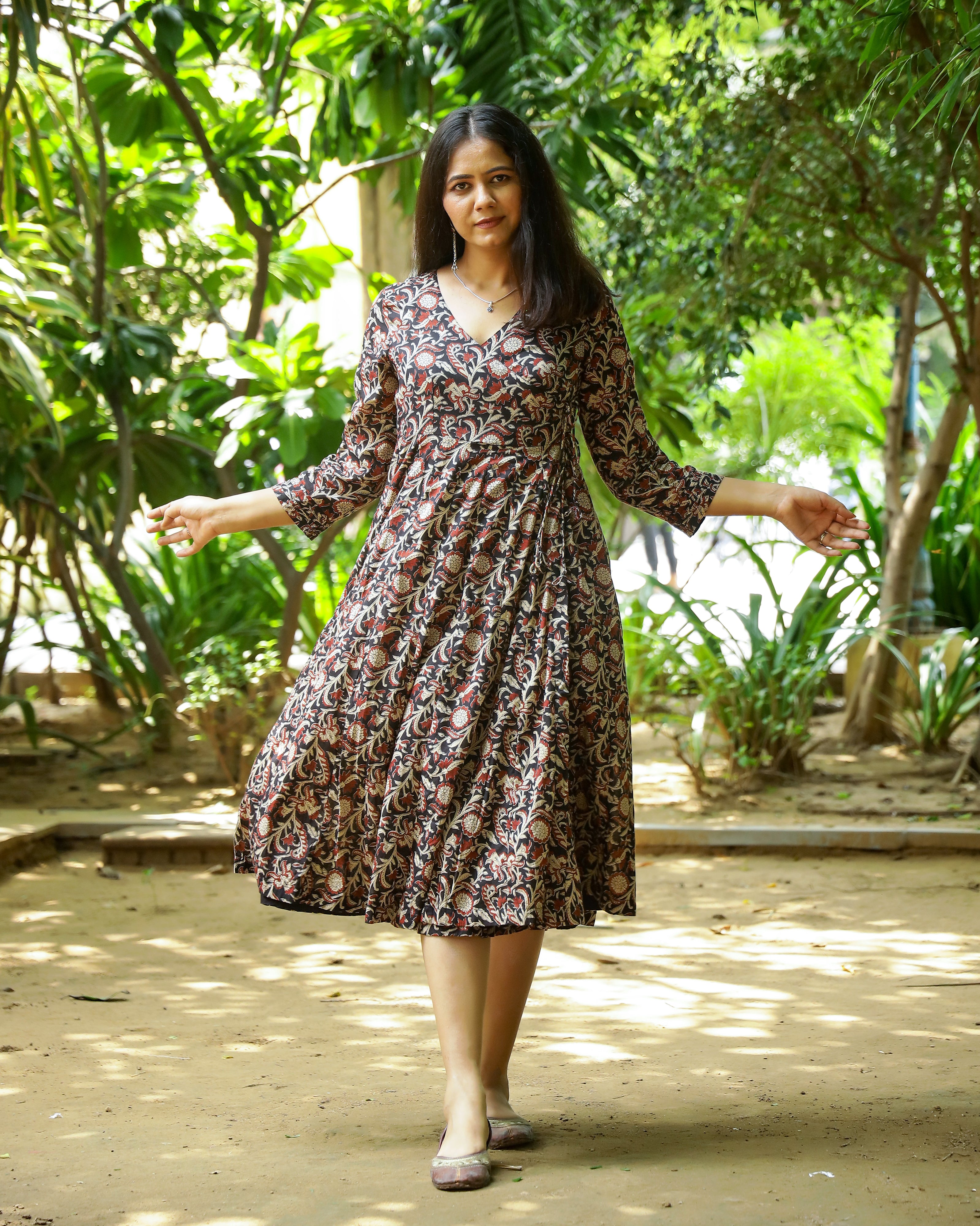 Black Bagru Jaal Printed Cotton Angrakha Dress