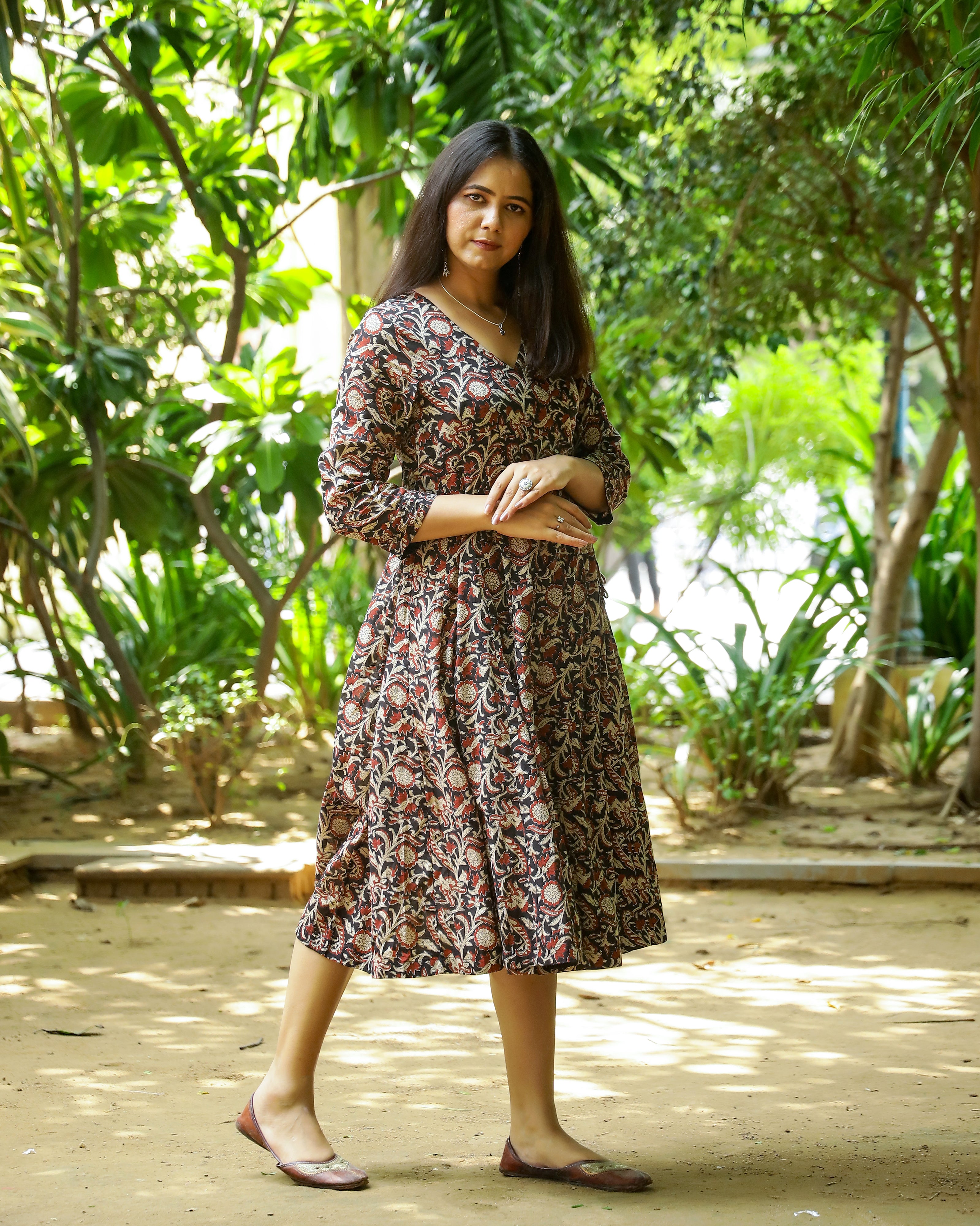 Black Bagru Jaal Printed Cotton Angrakha Dress