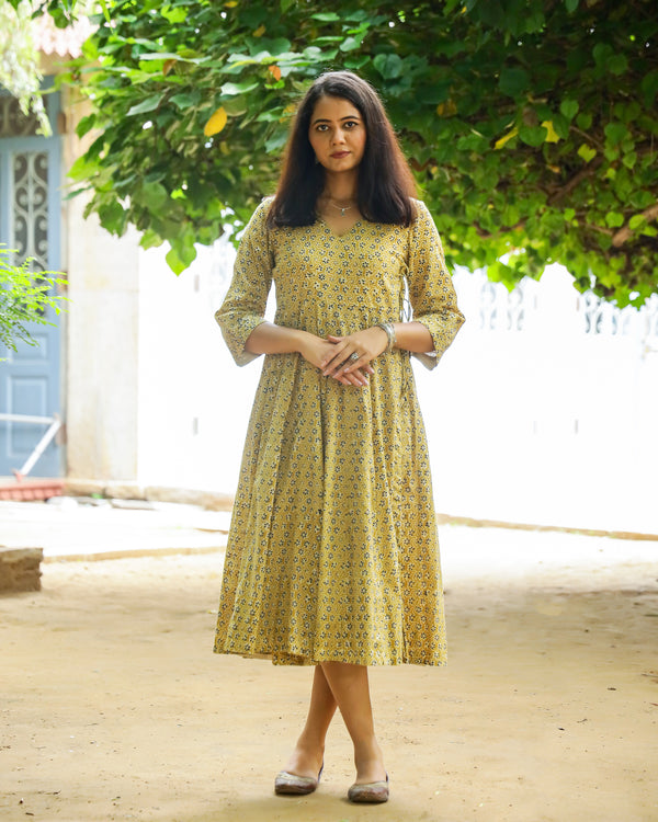 Mustard Bagru Butti Print Cotton Angrakha Dress