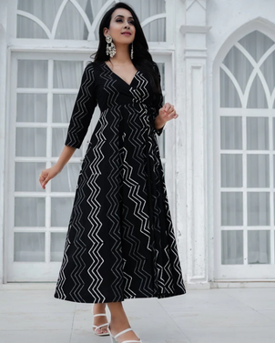 Daisy Hand Block Print Cotton Angrakha Midi Dress