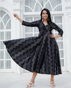 Daisy Hand Block Print Cotton Angrakha Midi Dress