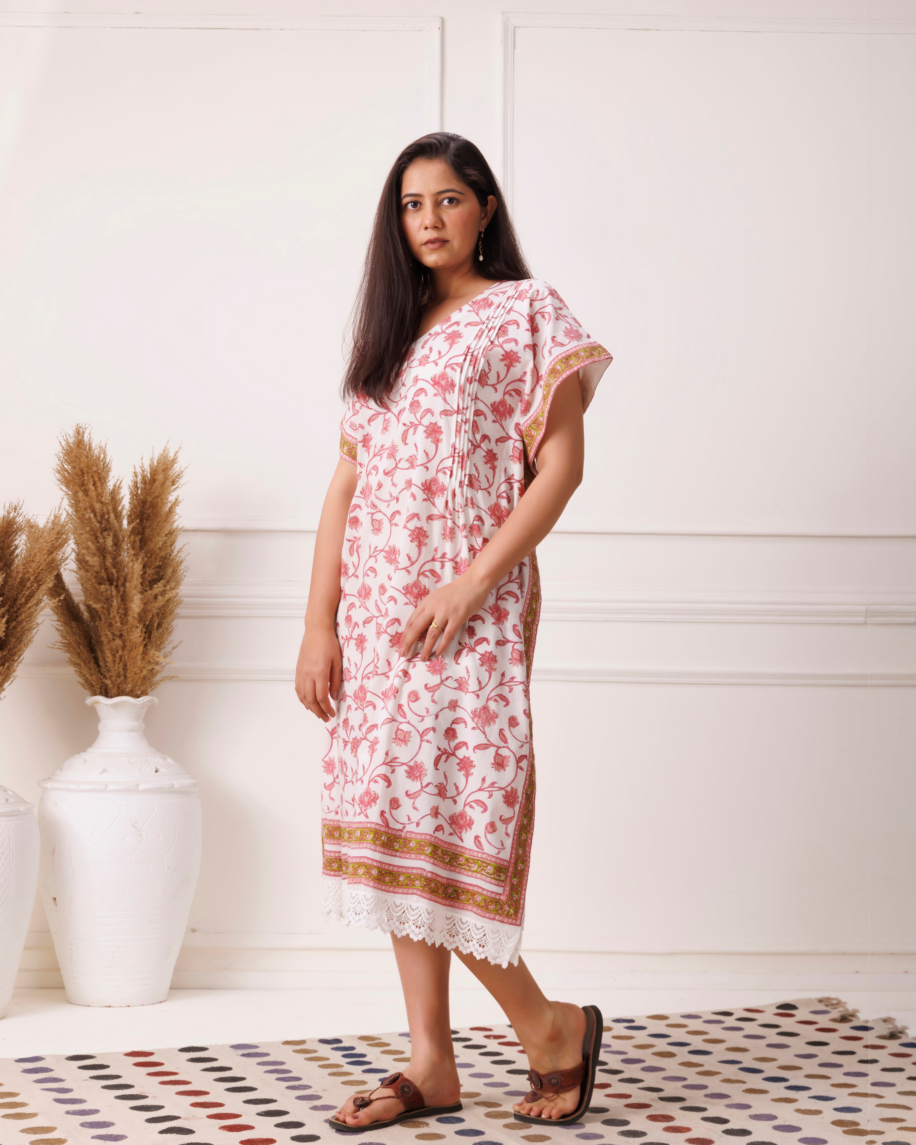Rose Pink Floral Handblock Printed Cotton Kaftan