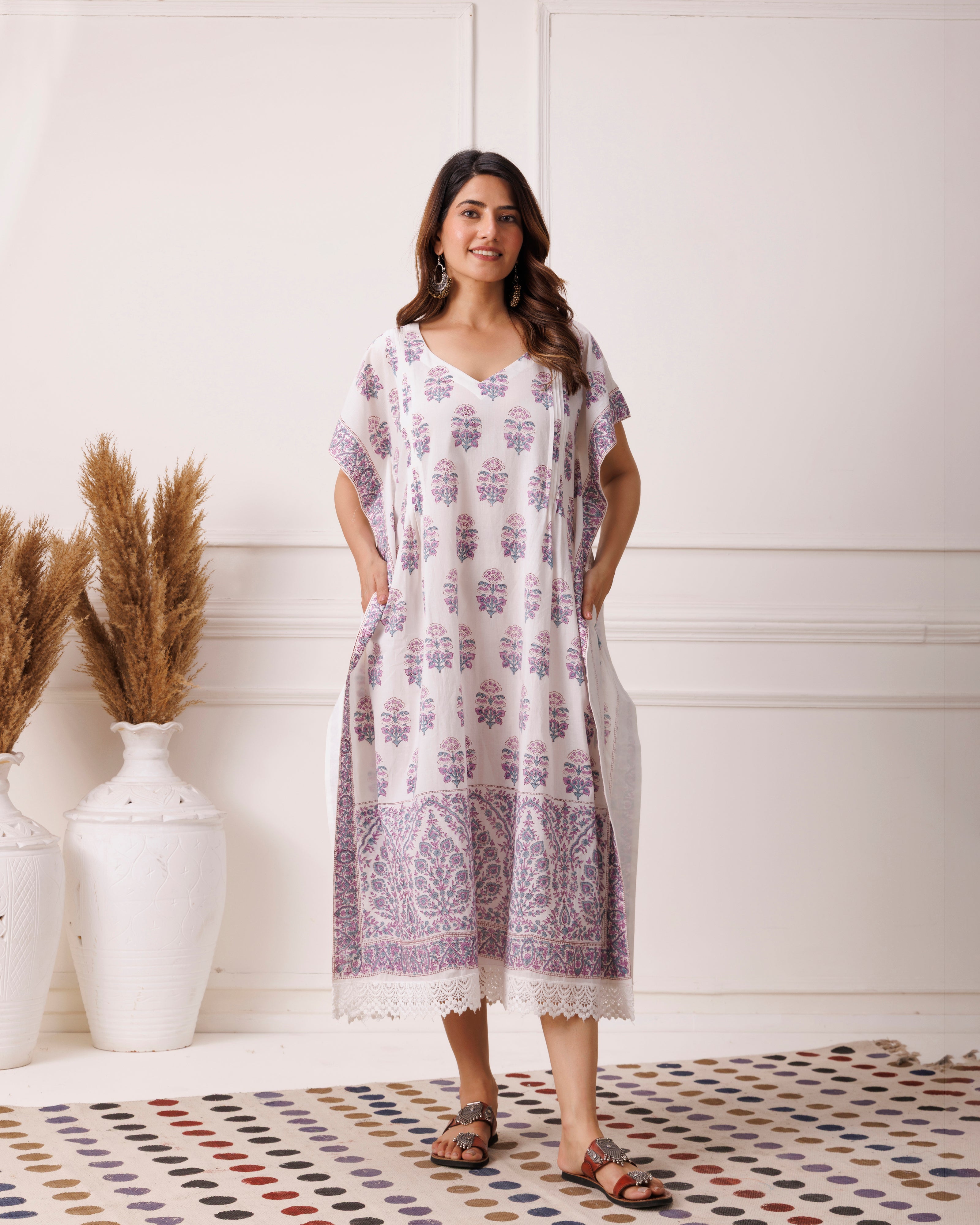 Blue Handblock Printed Cotton Kaftan with Paisley Print