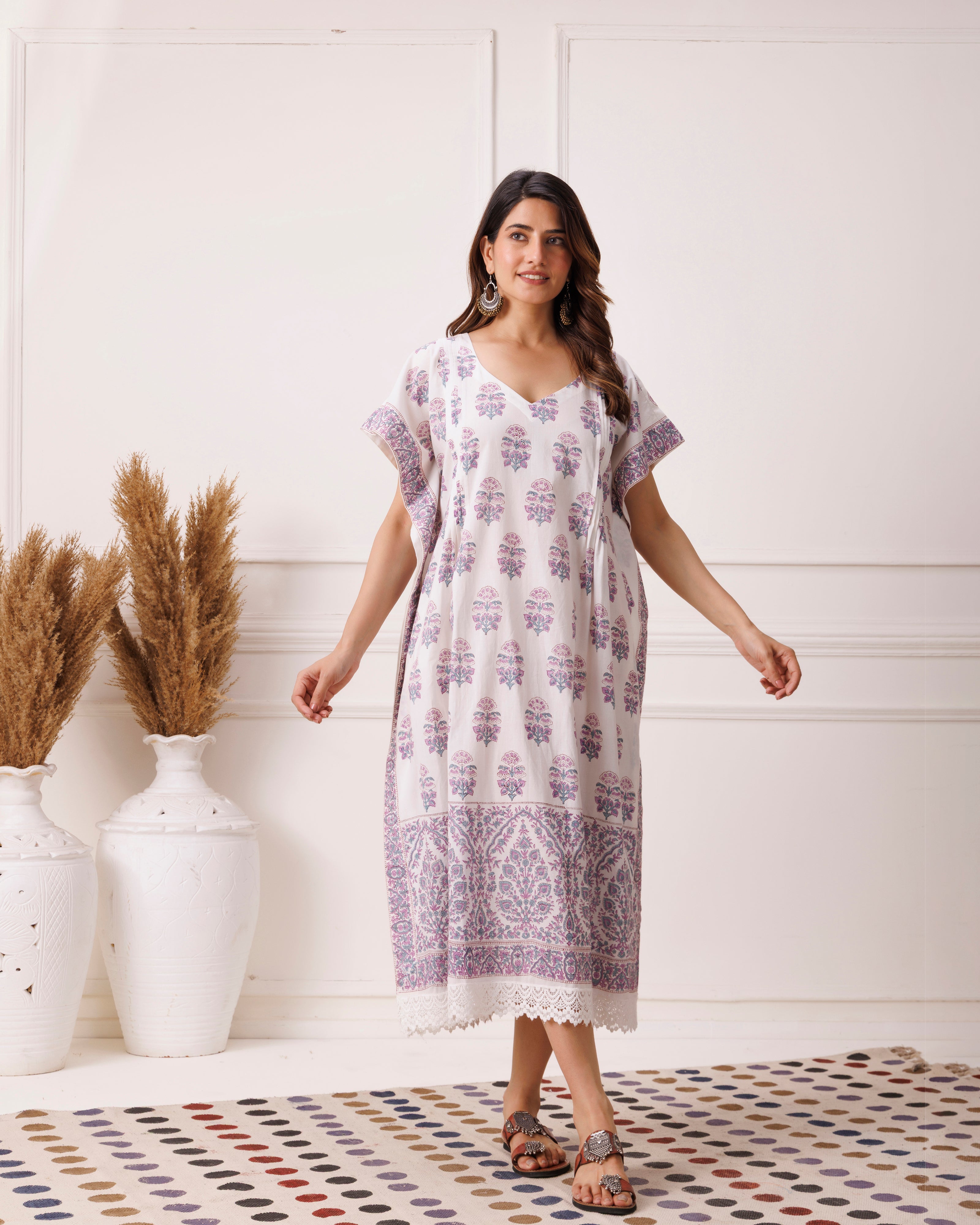Blue Handblock Printed Cotton Kaftan with Paisley Print