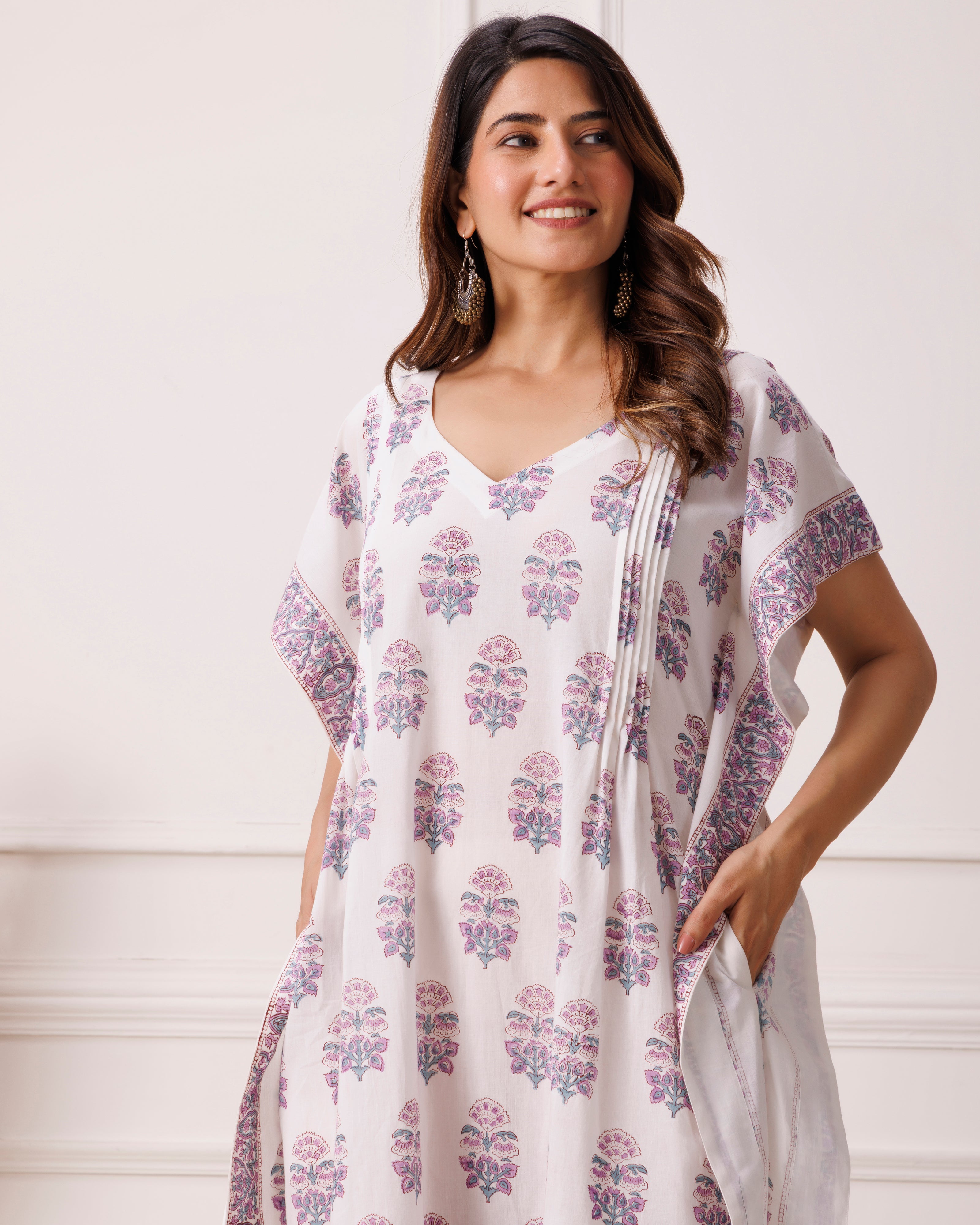 Blue Handblock Printed Cotton Kaftan with Paisley Print