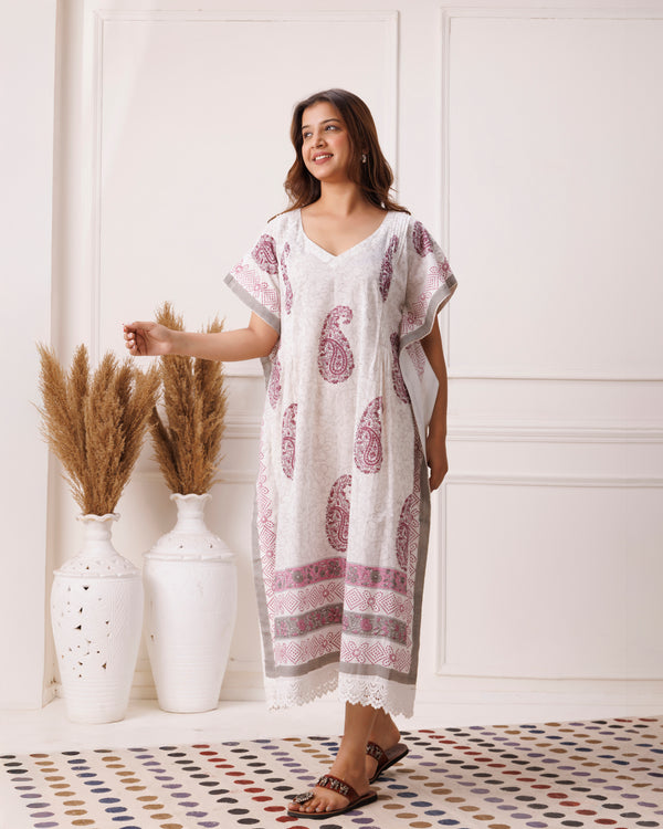 Violet Handblock Printed Cotton Kaftan with Pailey Motifs