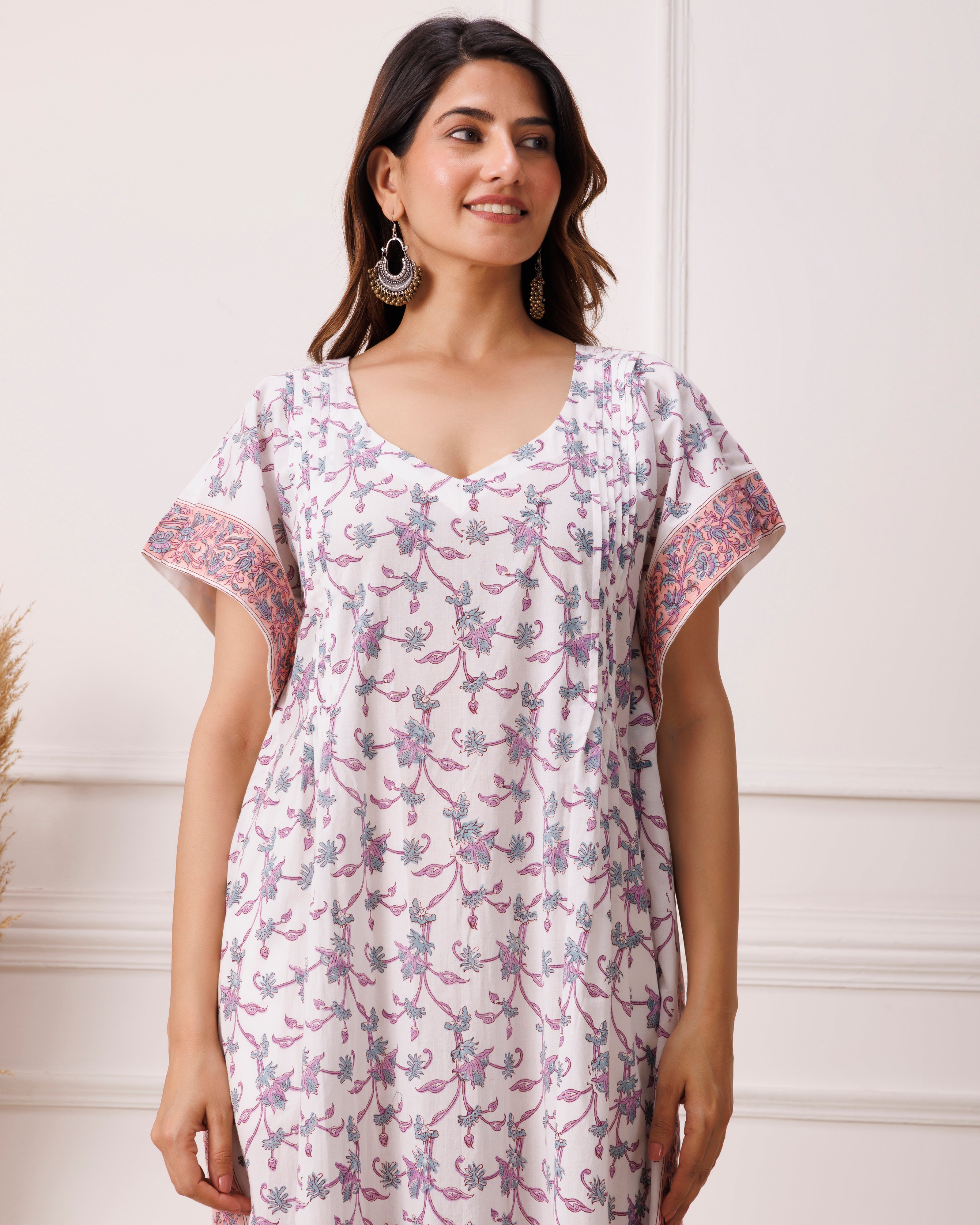 Lavender Handblock Printed Cotton Kaftan