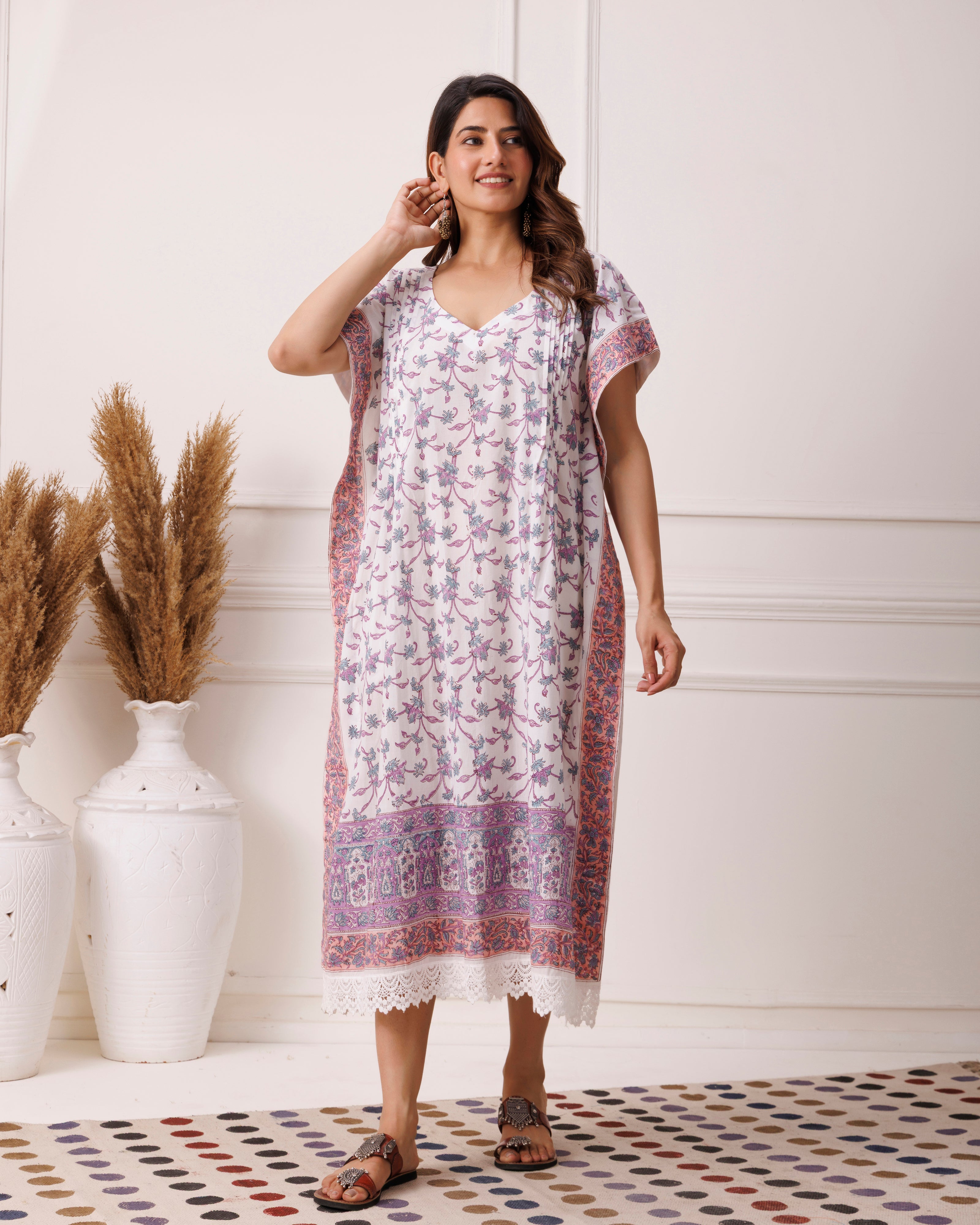 Lavender Handblock Printed Cotton Kaftan