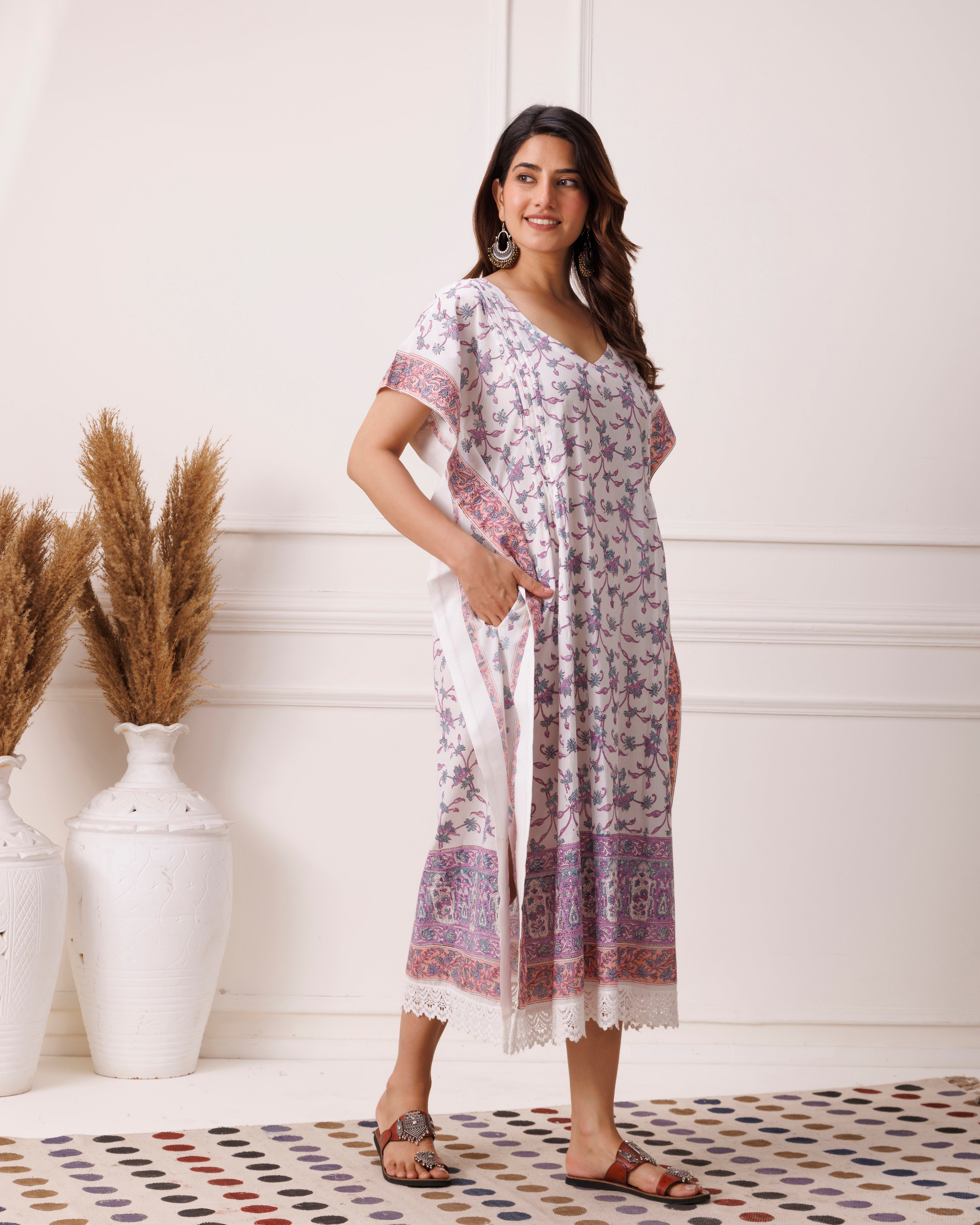 Lavender Handblock Printed Cotton Kaftan