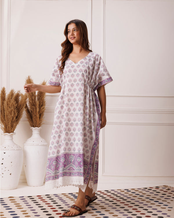Purple Handblock Printed Cotton Kaftan with Paisley