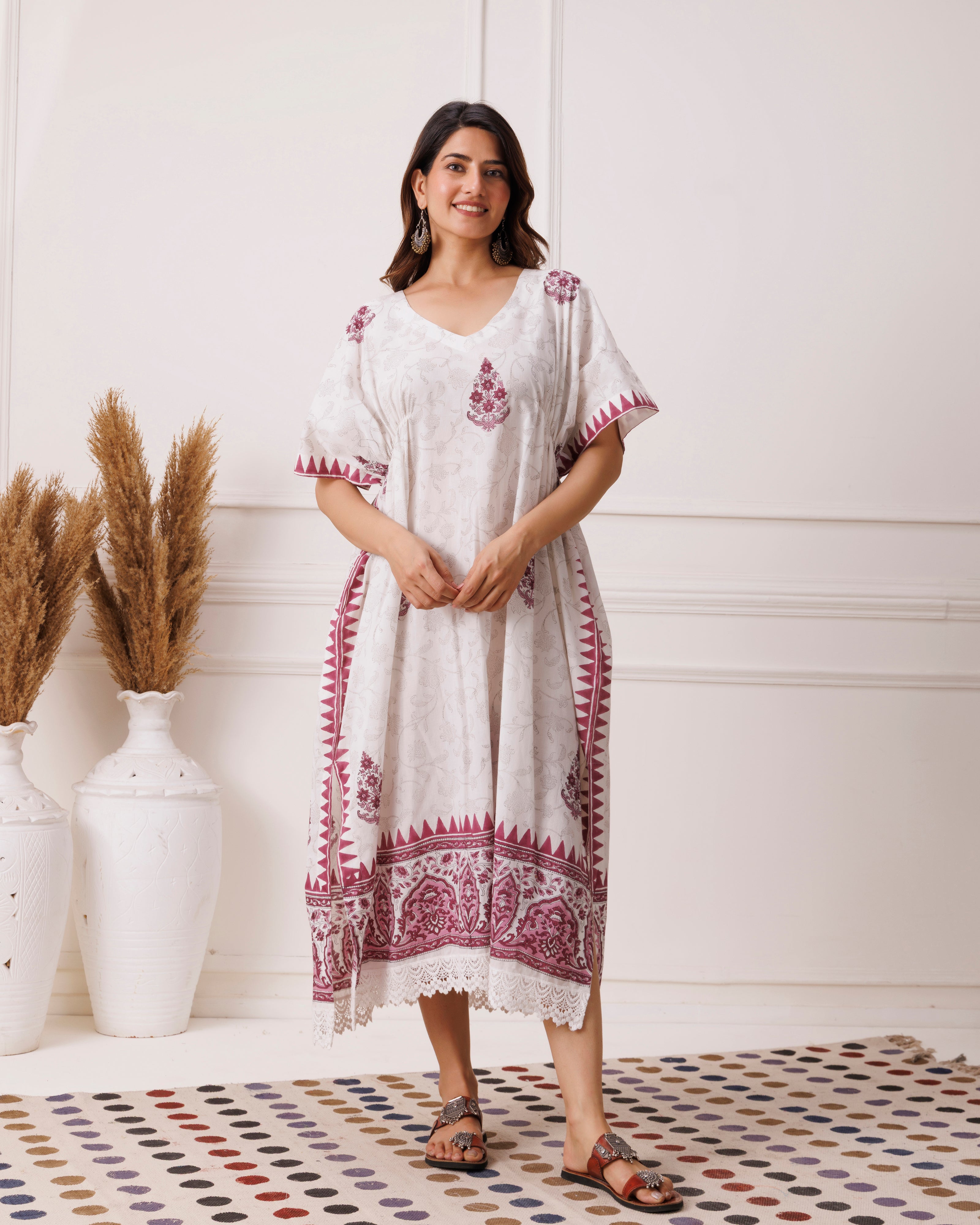 Wine floral handblock printed cotton kaftan