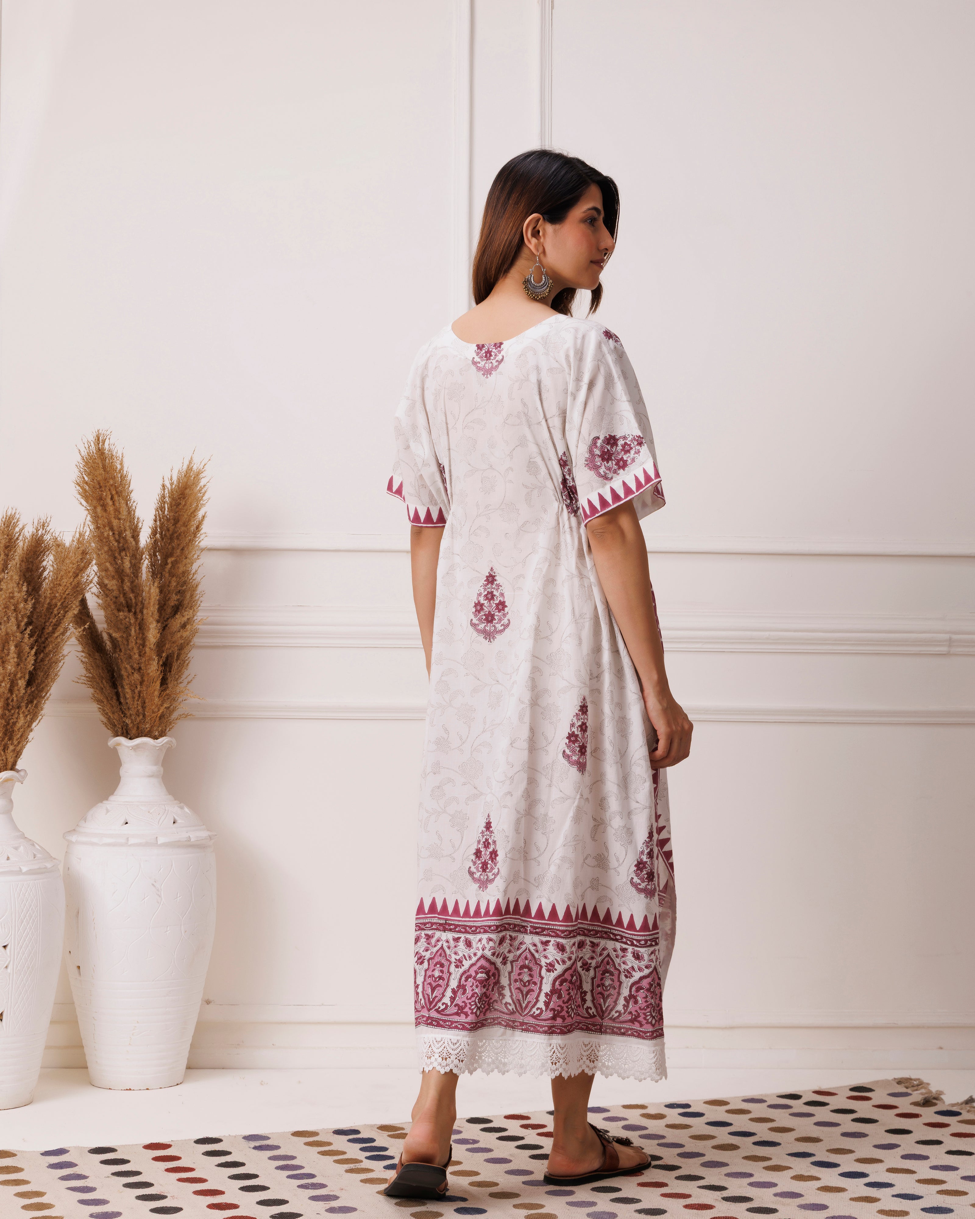 Wine floral handblock printed cotton kaftan