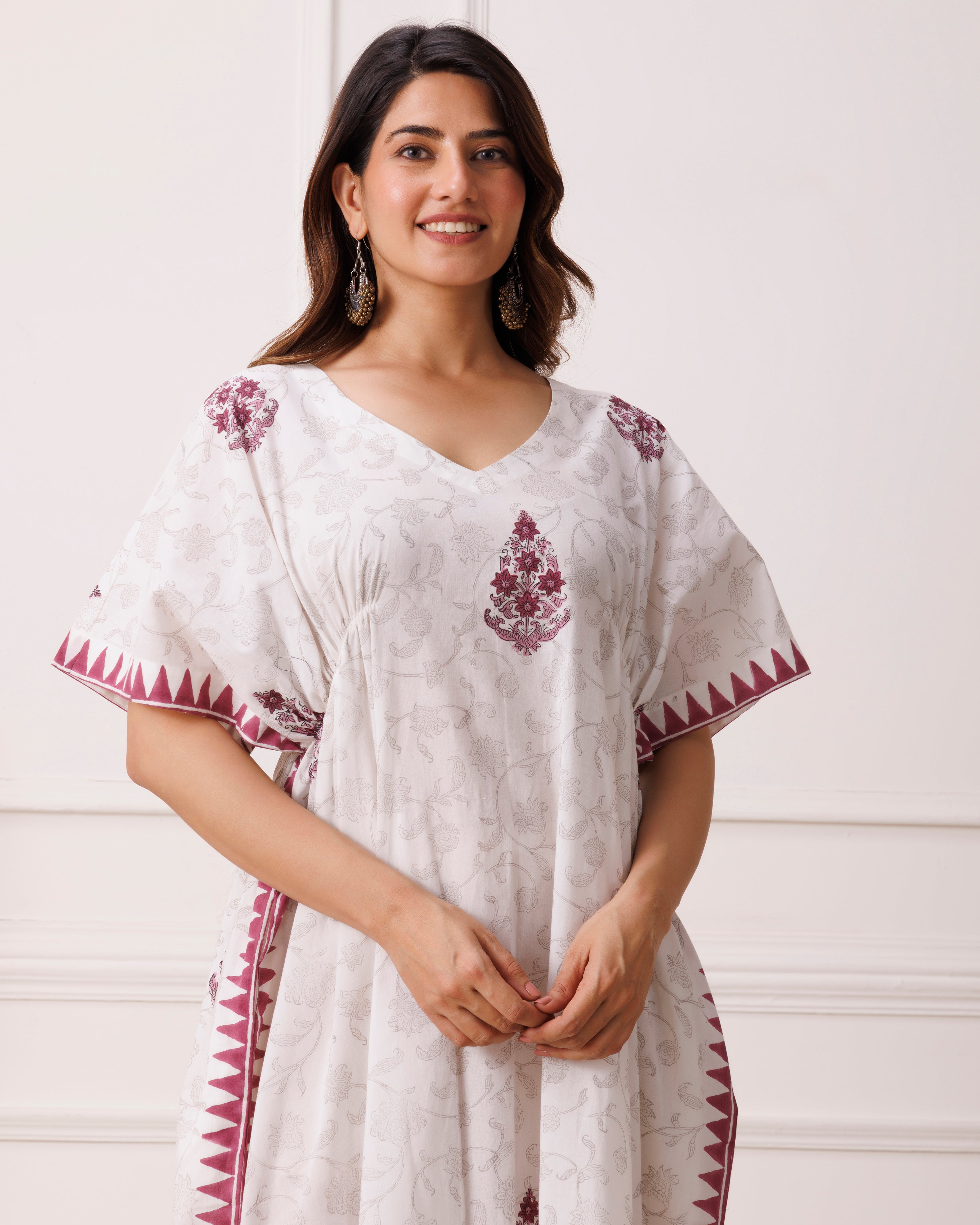 Wine floral handblock printed cotton kaftan