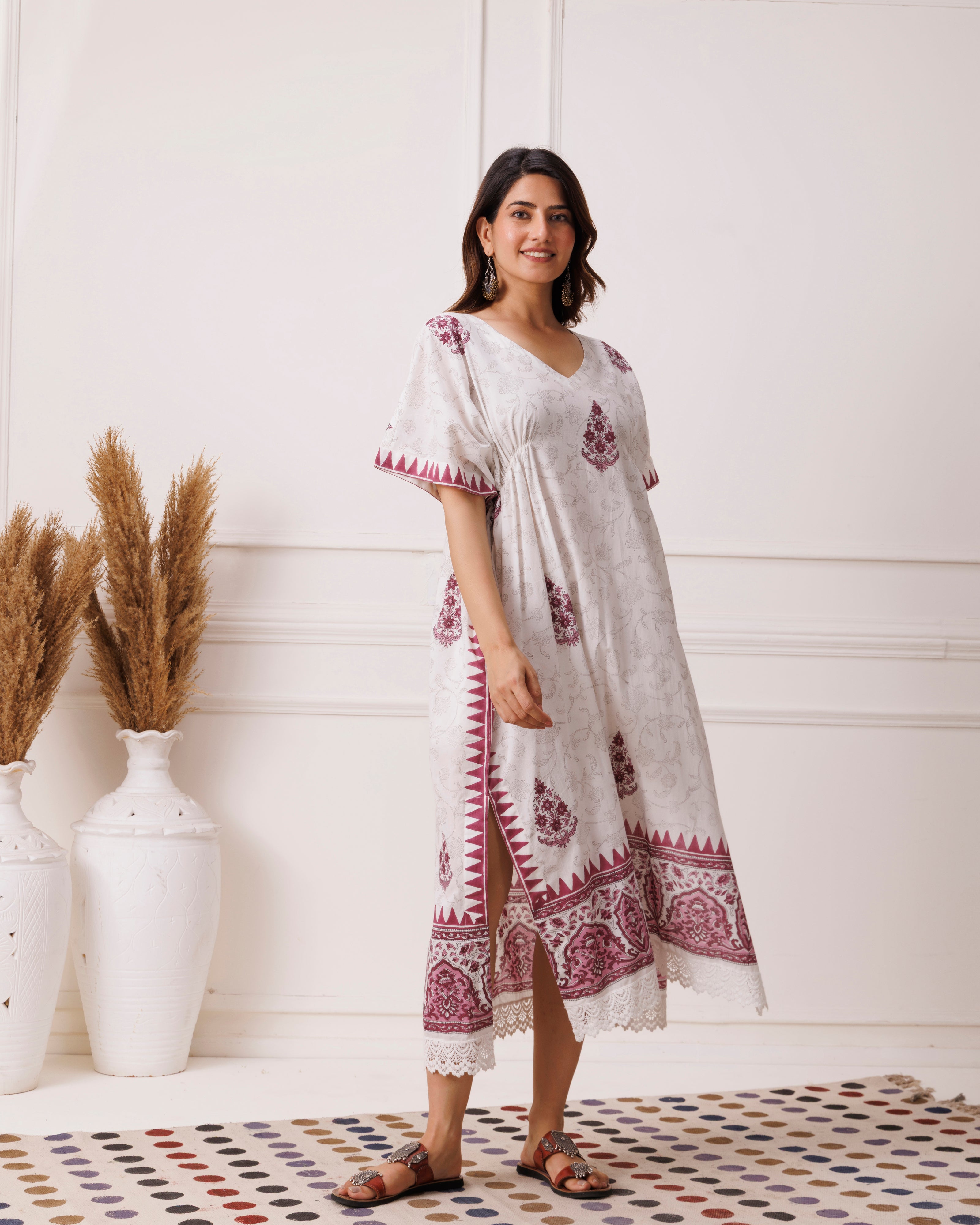 Wine floral handblock printed cotton kaftan