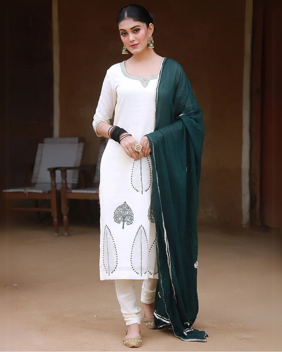 Deep Green Hand Block Print Cotton Kurta Suit Set with Gota work Dupatta