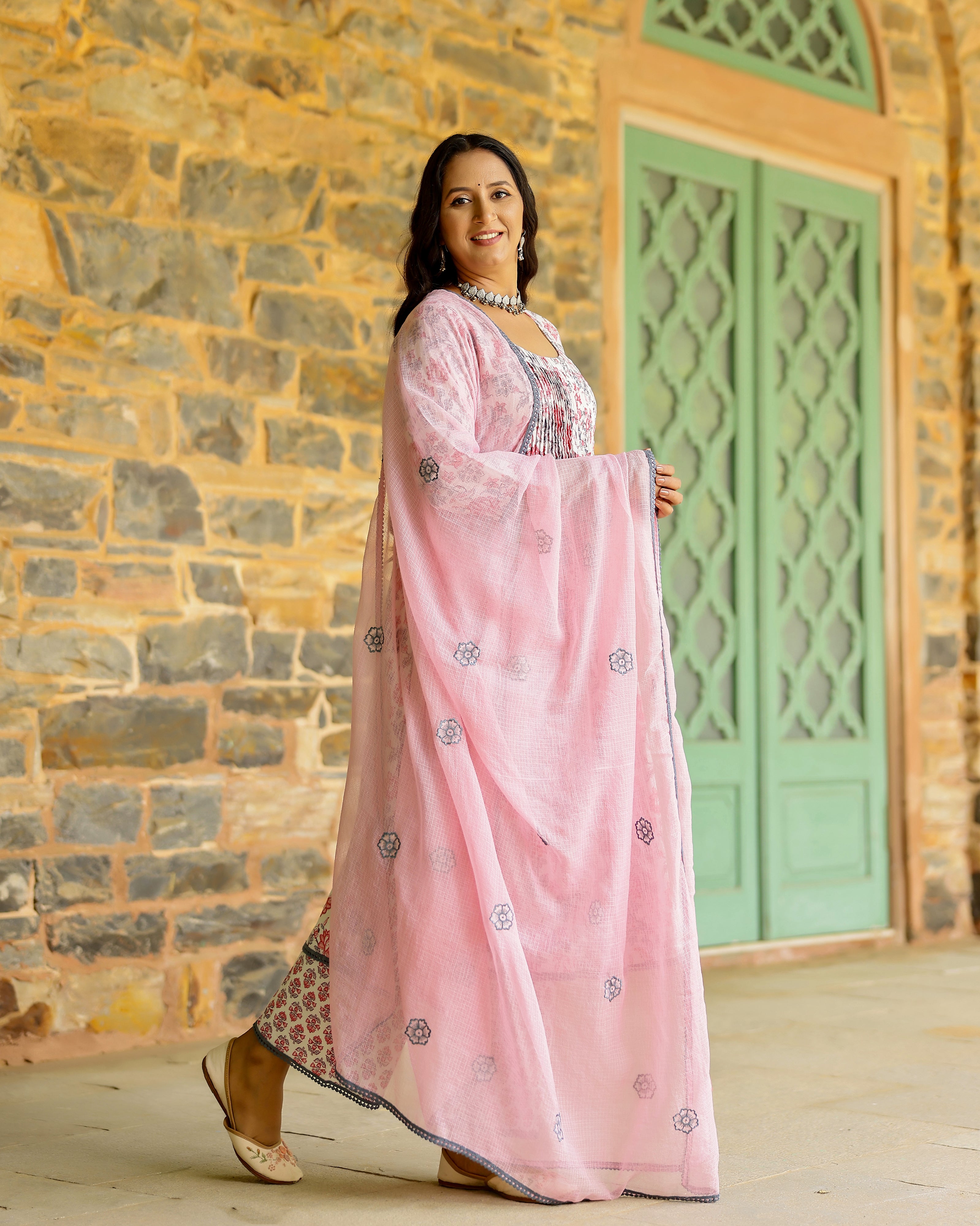 White & Pink Block Printed Cotton Suit Set