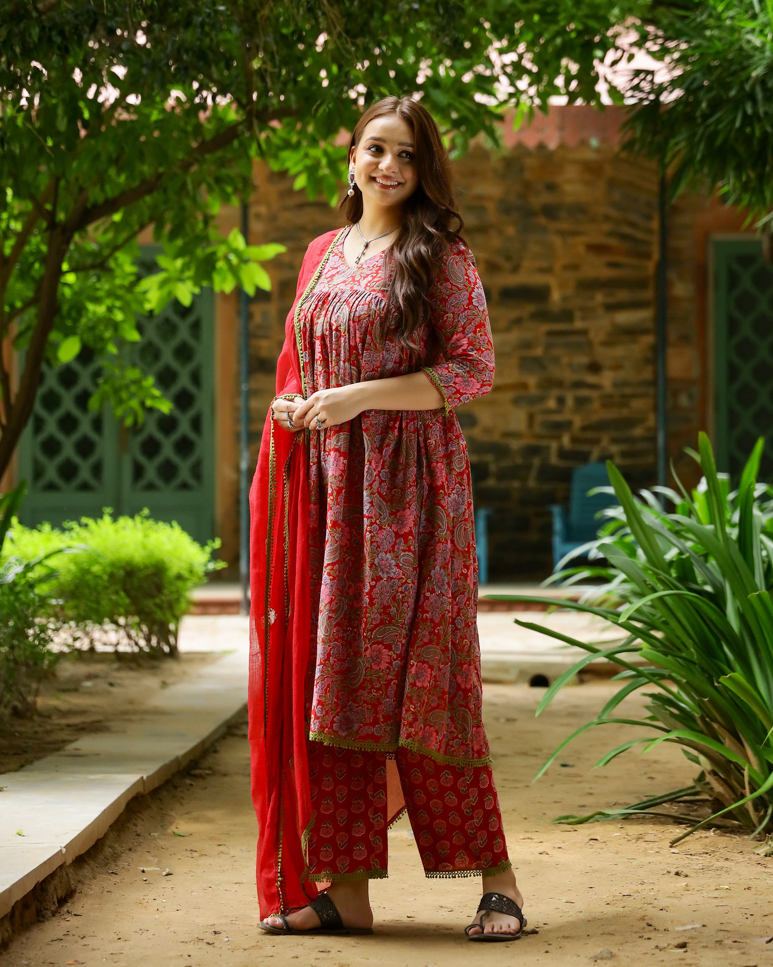 Red & Green Block Printed Cotton Suit Set