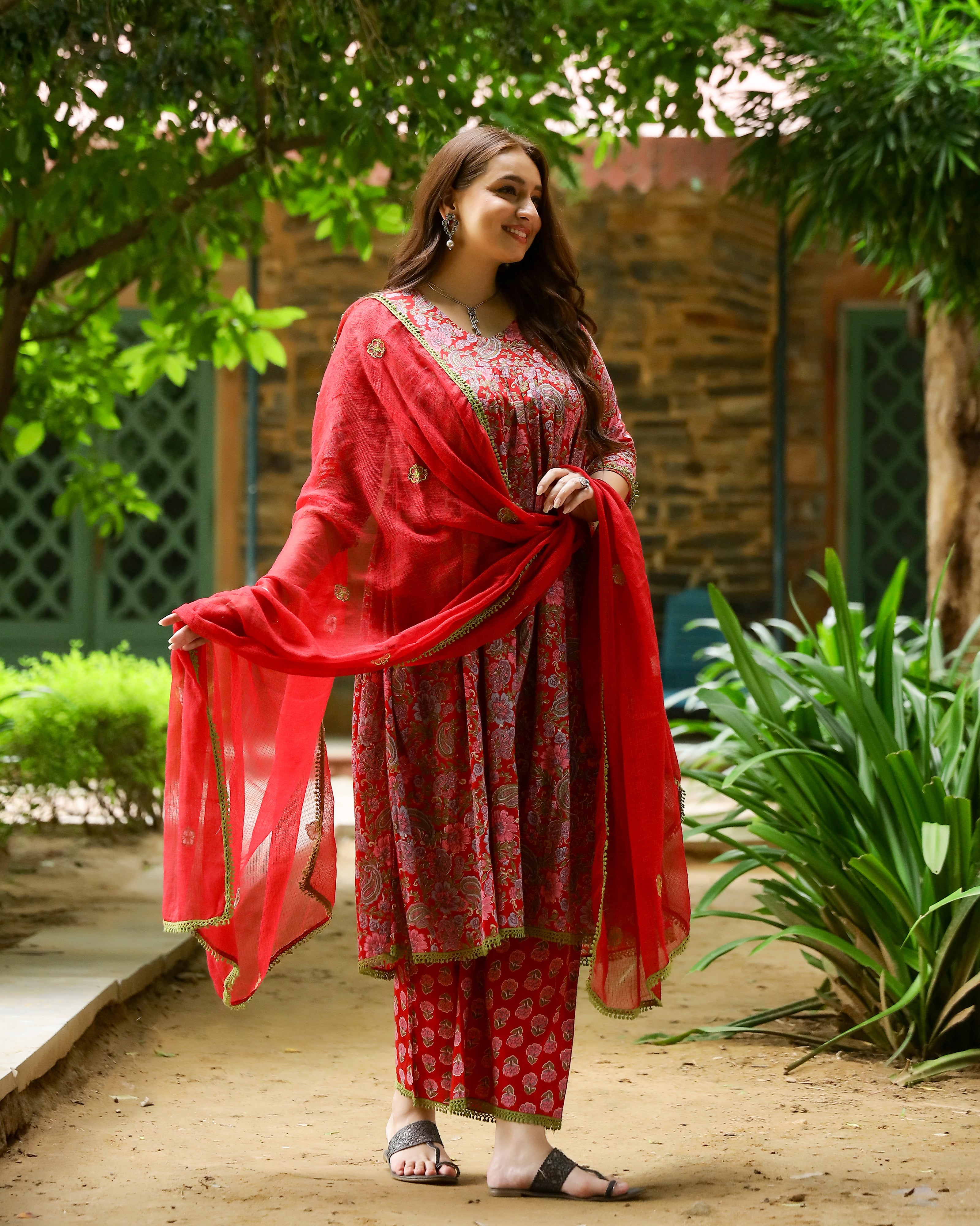 Red & Green Block Printed Cotton Suit Set