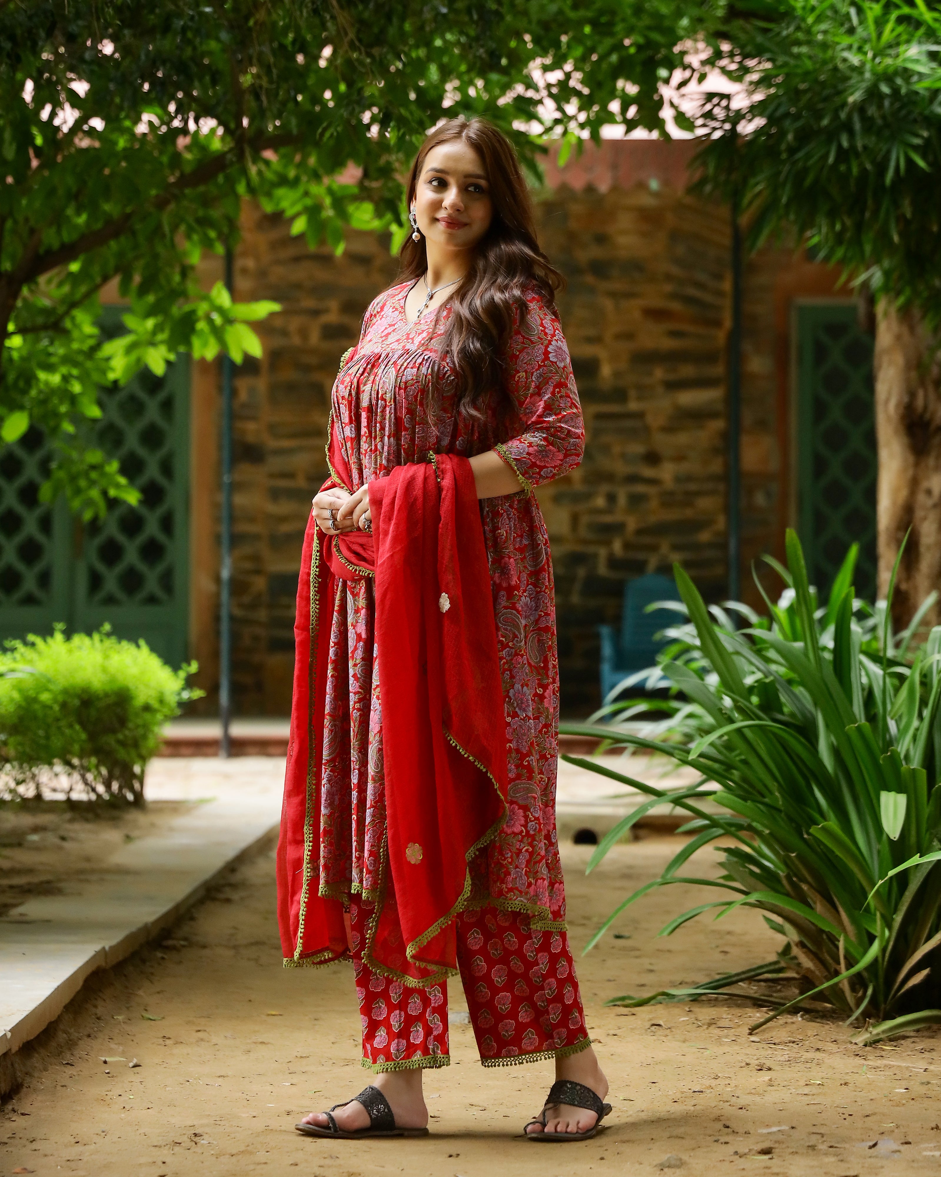 Red & Green Block Printed Cotton Suit Set