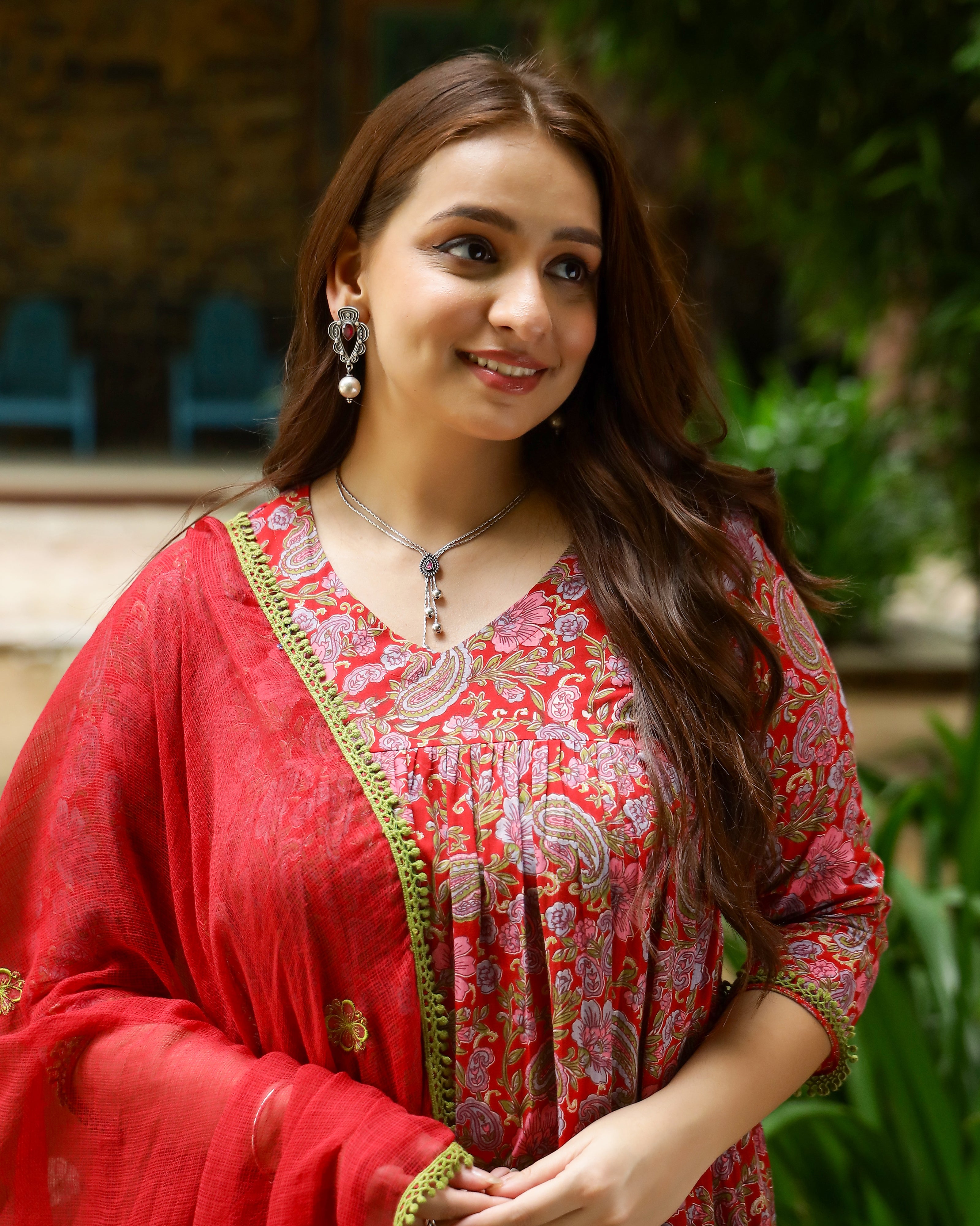 Red & Green Block Printed Cotton Suit Set