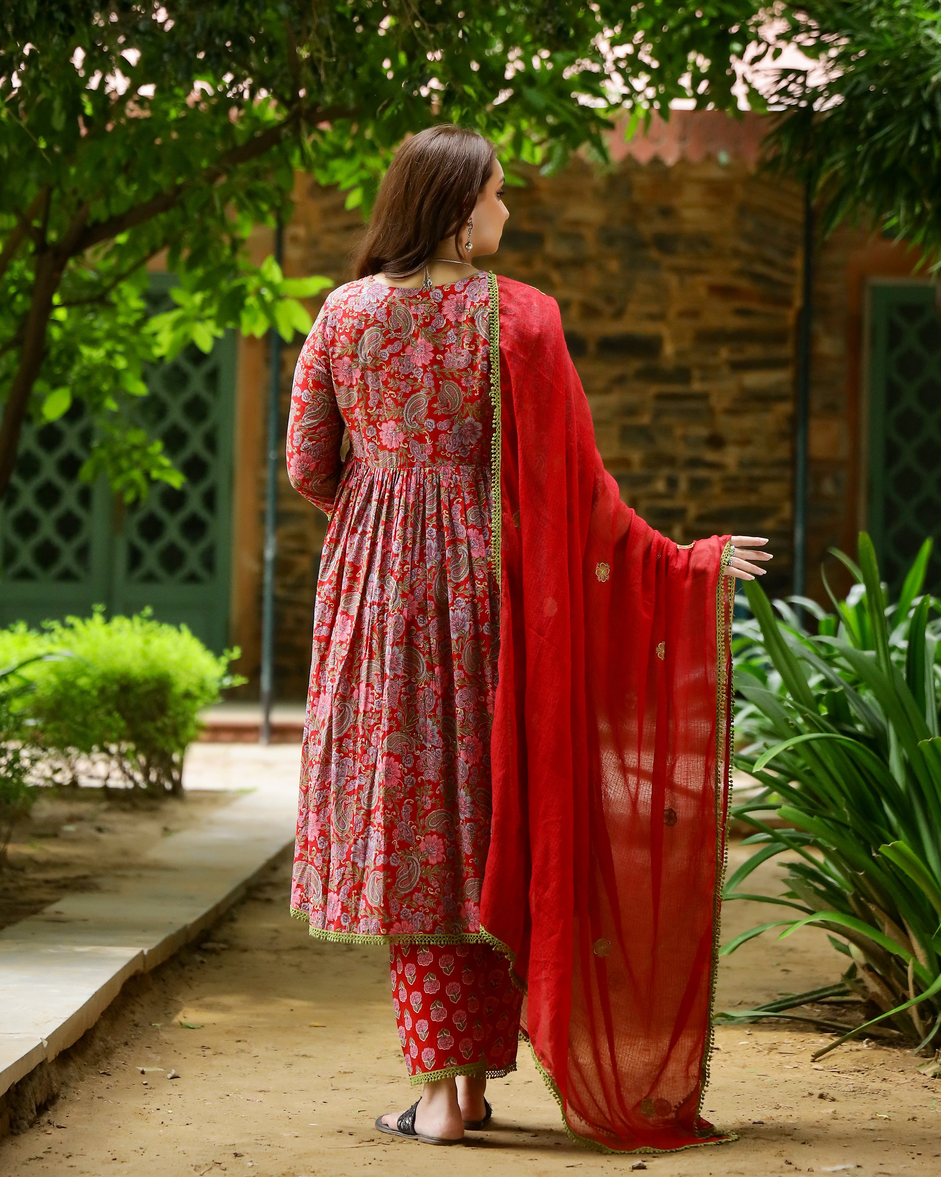 Red & Green Block Printed Cotton Suit Set
