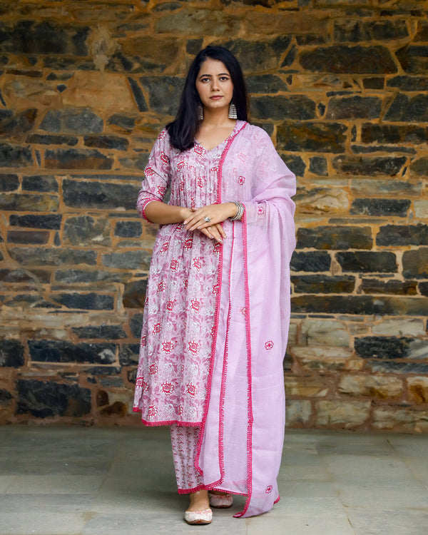 Lilac & Red Block Printed Cotton Suit Set